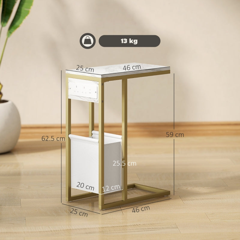 C Shaped Side Table Charging Station, Faux Marble Top - White