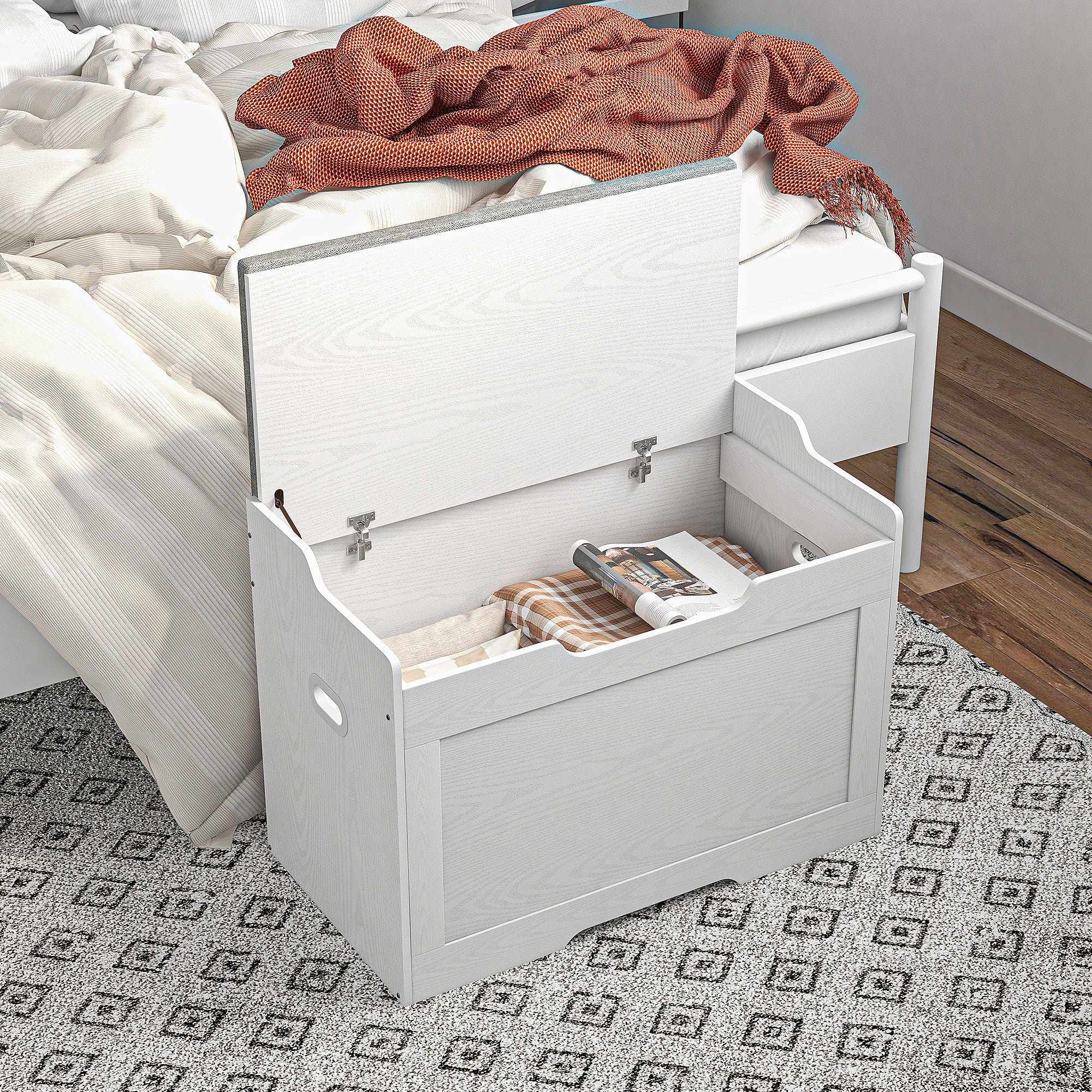 Storage Chest 103L Storage Bench Removable Seat Cushion, White