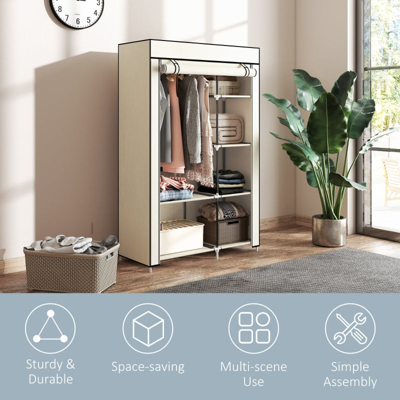 Fabric Wardrobe Portable 6 Shelves 1 Hanging Rail Foldable, Cream White