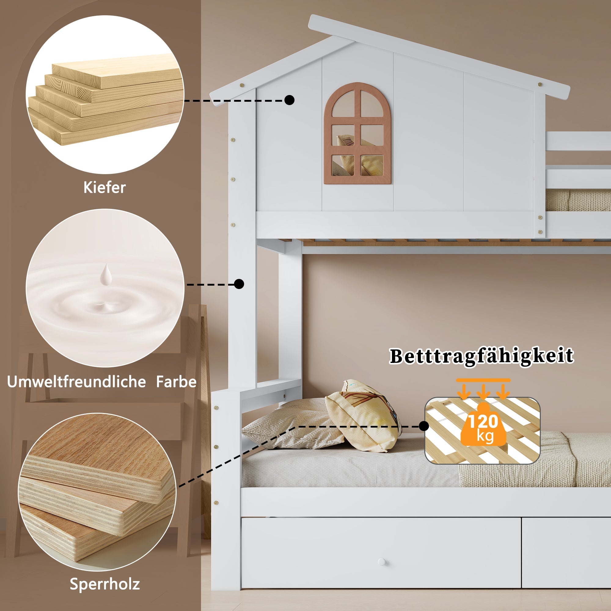Bunk Bed with Windows, Slide, Two Drawers, Solid Wood Frame, White