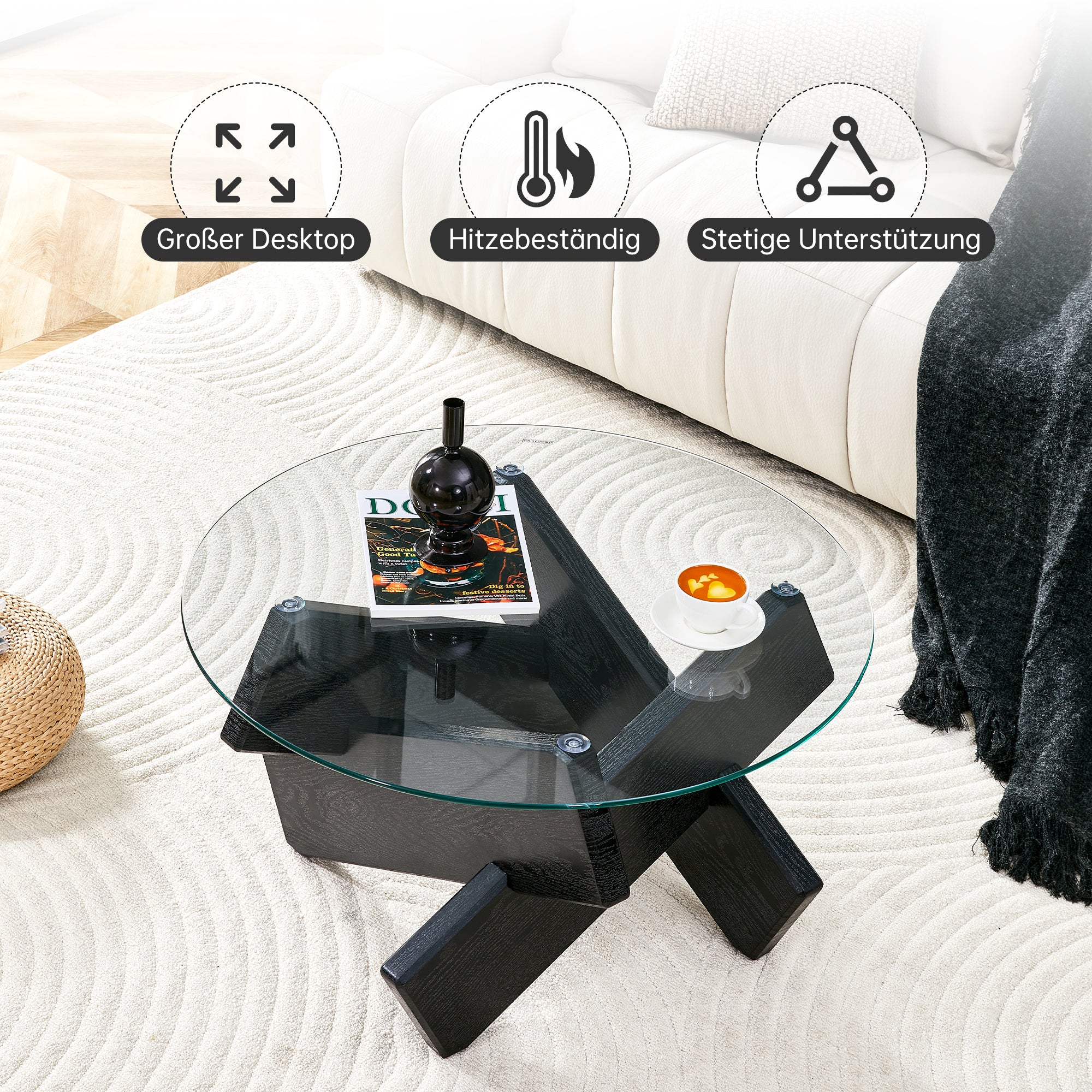 Round Coffee Table 79cm - Tempered Glass Top, Black Wood Grain Legs - MDF/Glass