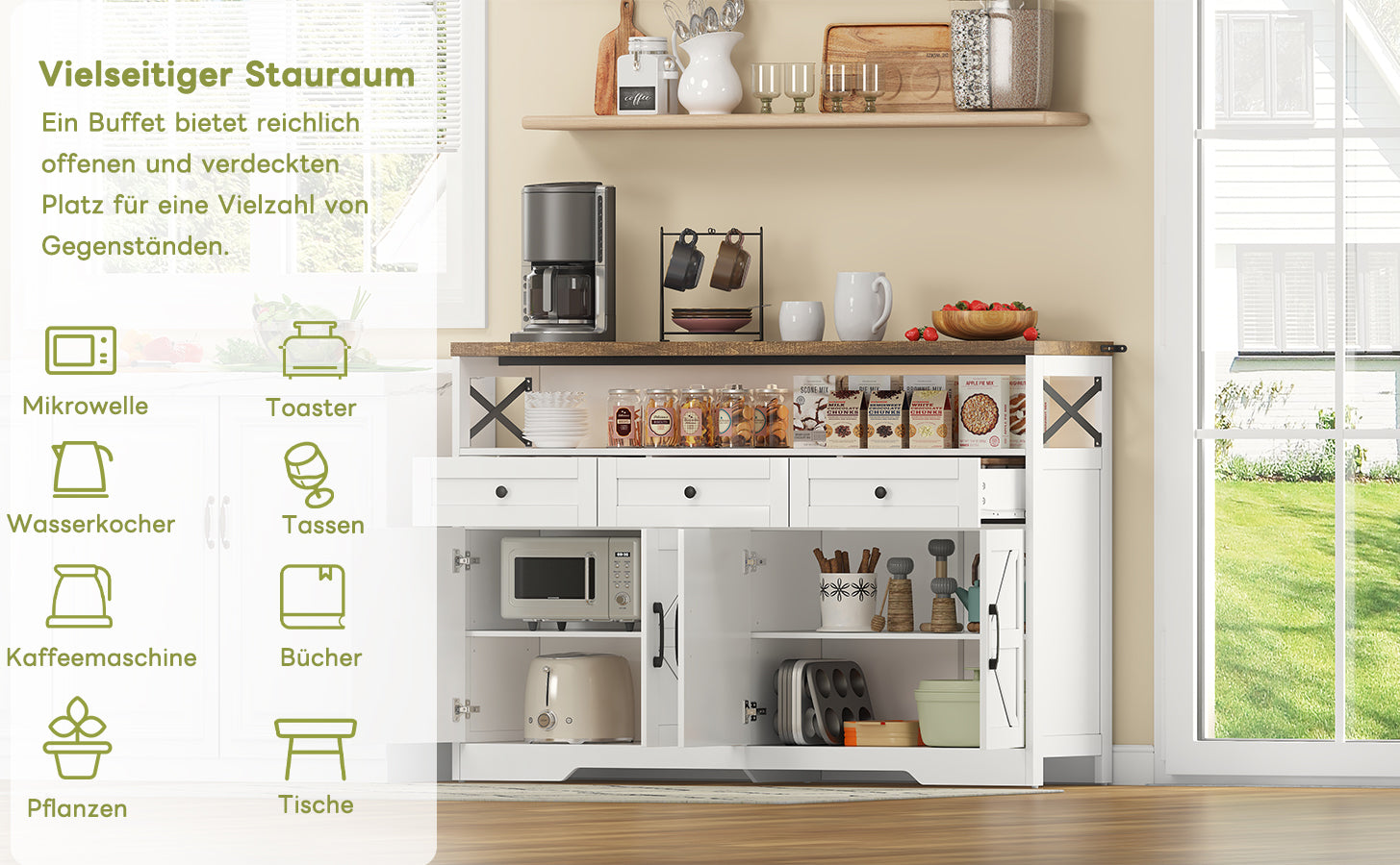 Buffet Sideboard 140cm 3 Drawers Shelves Storage Country Style - White/Brown