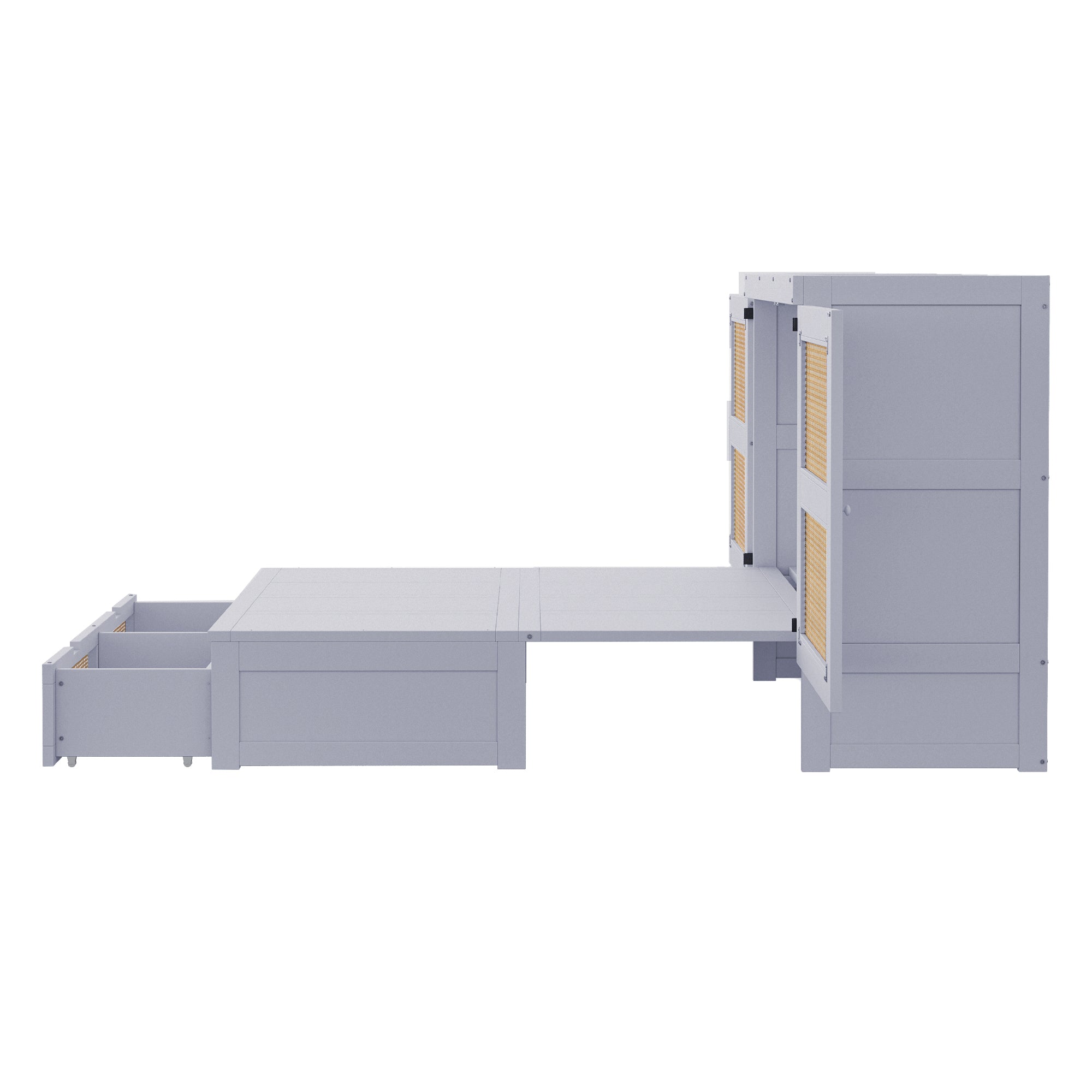 Wall Bed 140x200cm, Slatted Frame, Storage Drawers, Rattan Design, Grey