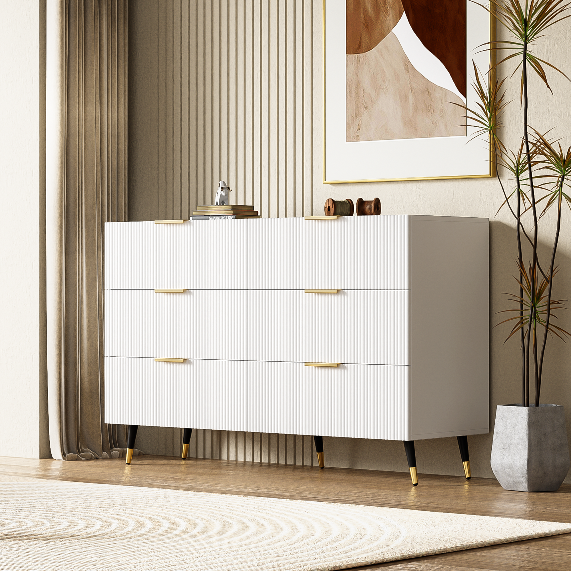 Sideboard, Modern Design Chest of Drawers, Wood, White and Gold