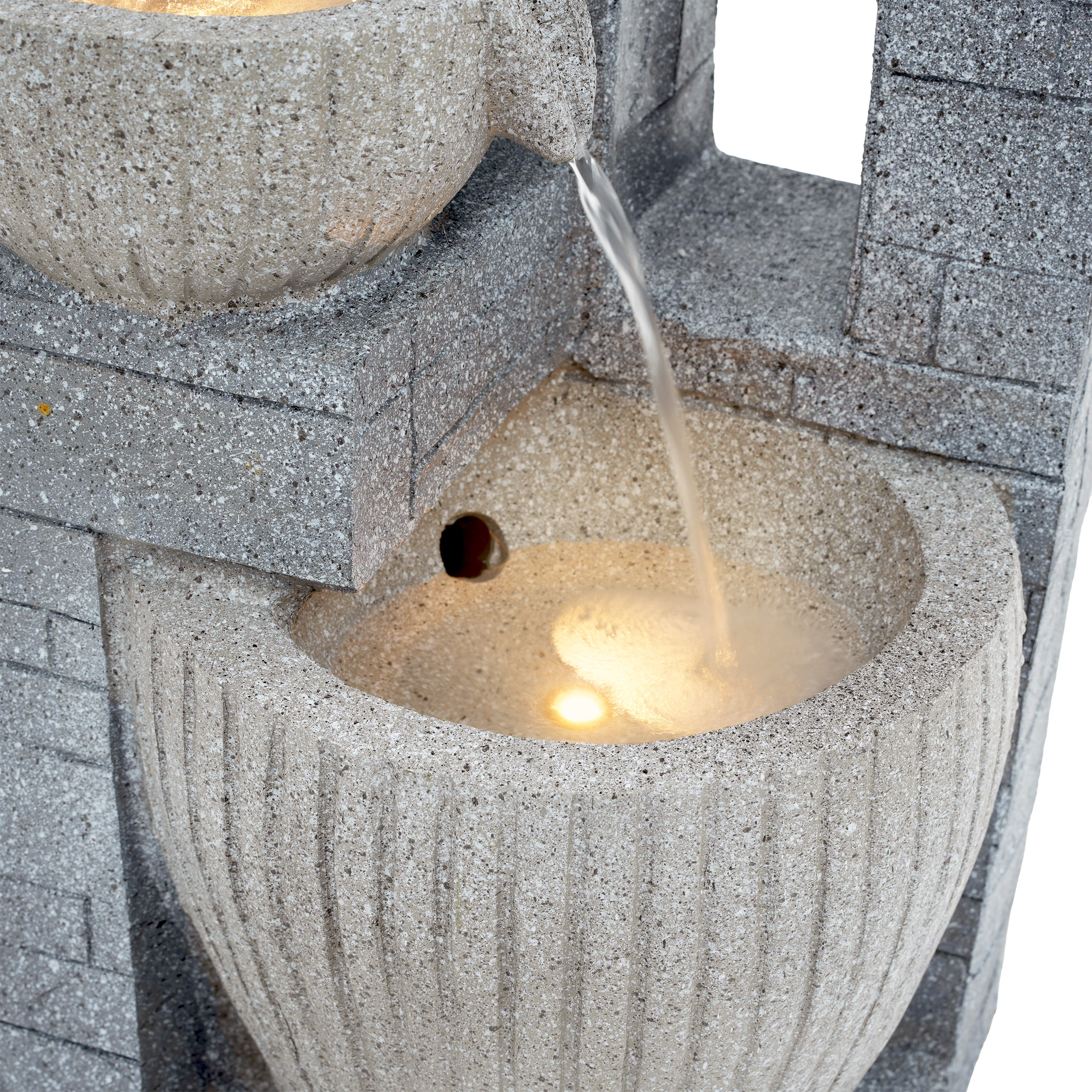80 cm Layered Stone Basin with LED Fountain for Garden and Terrace, Stone Grey