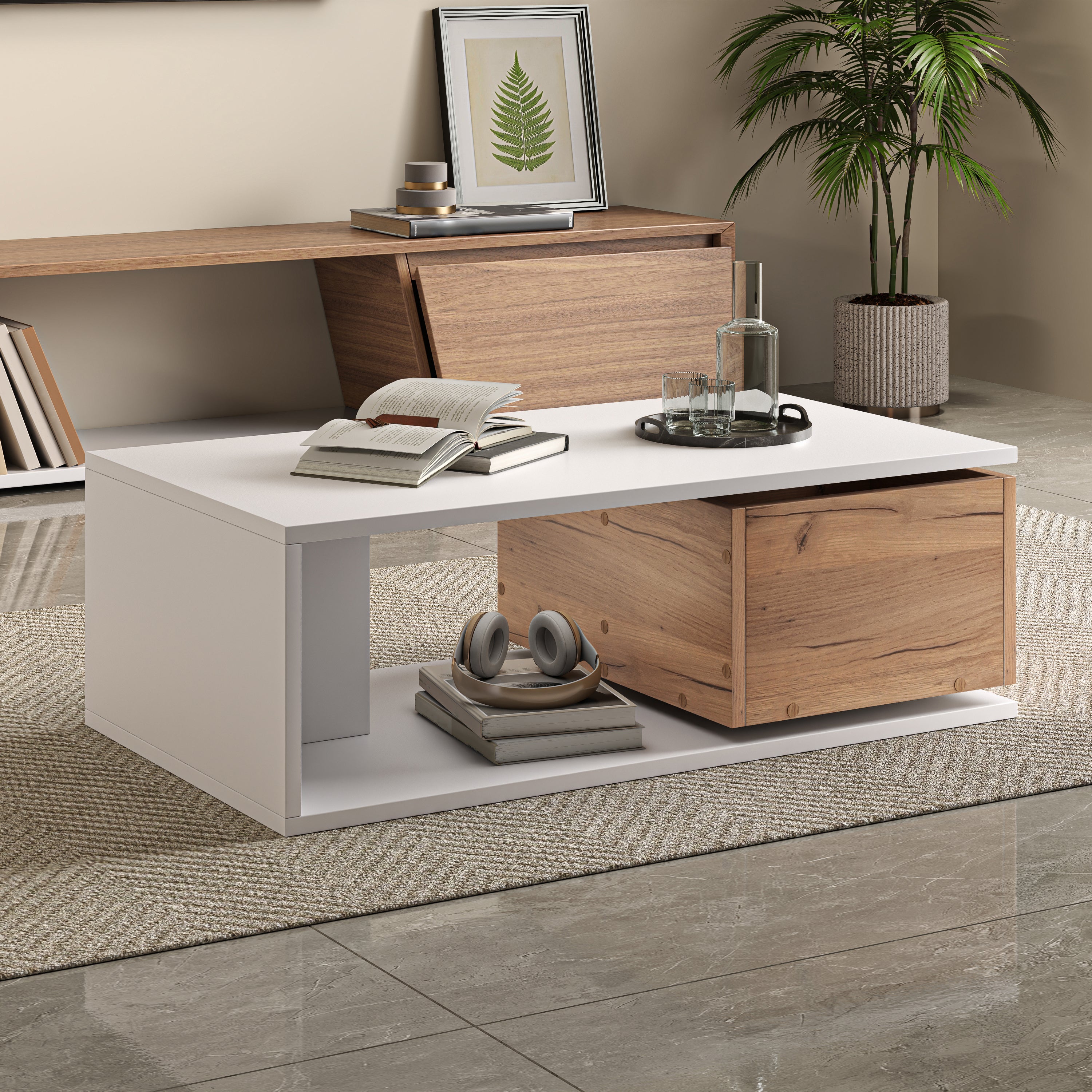 Coffee Table 90x50x30cm, 360° Rotating Drawer, High-Gloss, White + Wood Color