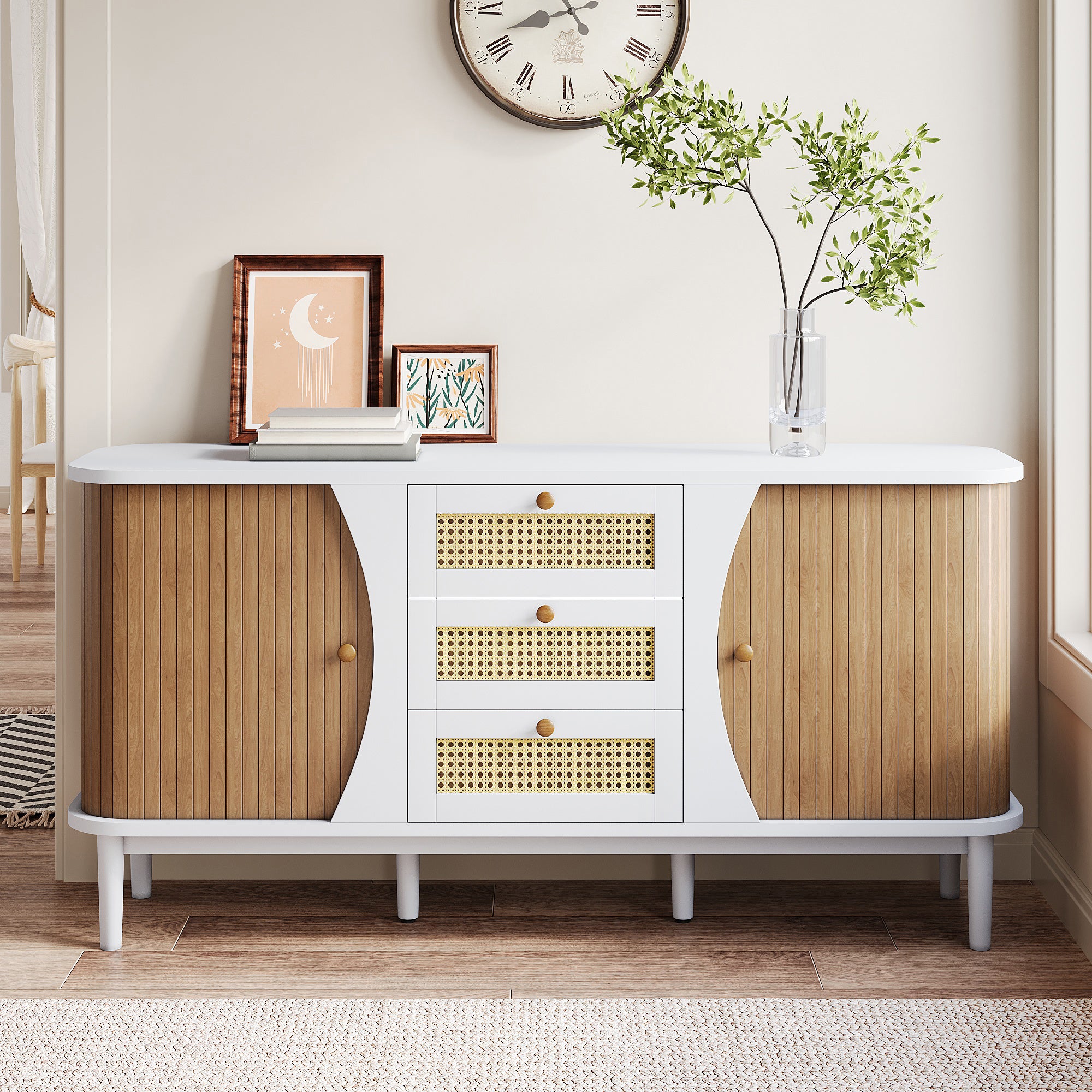Sideboard, Rattan Sliding Door Chest, Adjustable Shelves, White and Wood