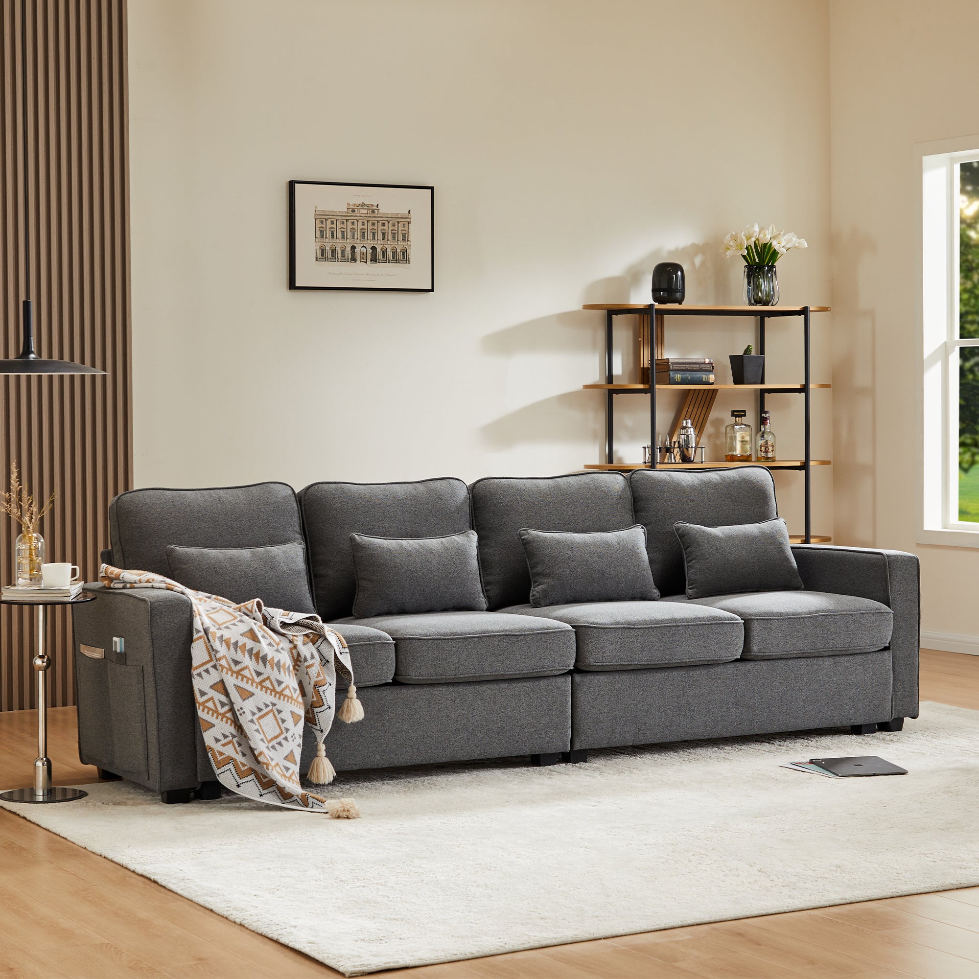 Modern 4-Seater Sofa, Simple Style with Armrest Pockets and 4 Cushions, Linen Fabric