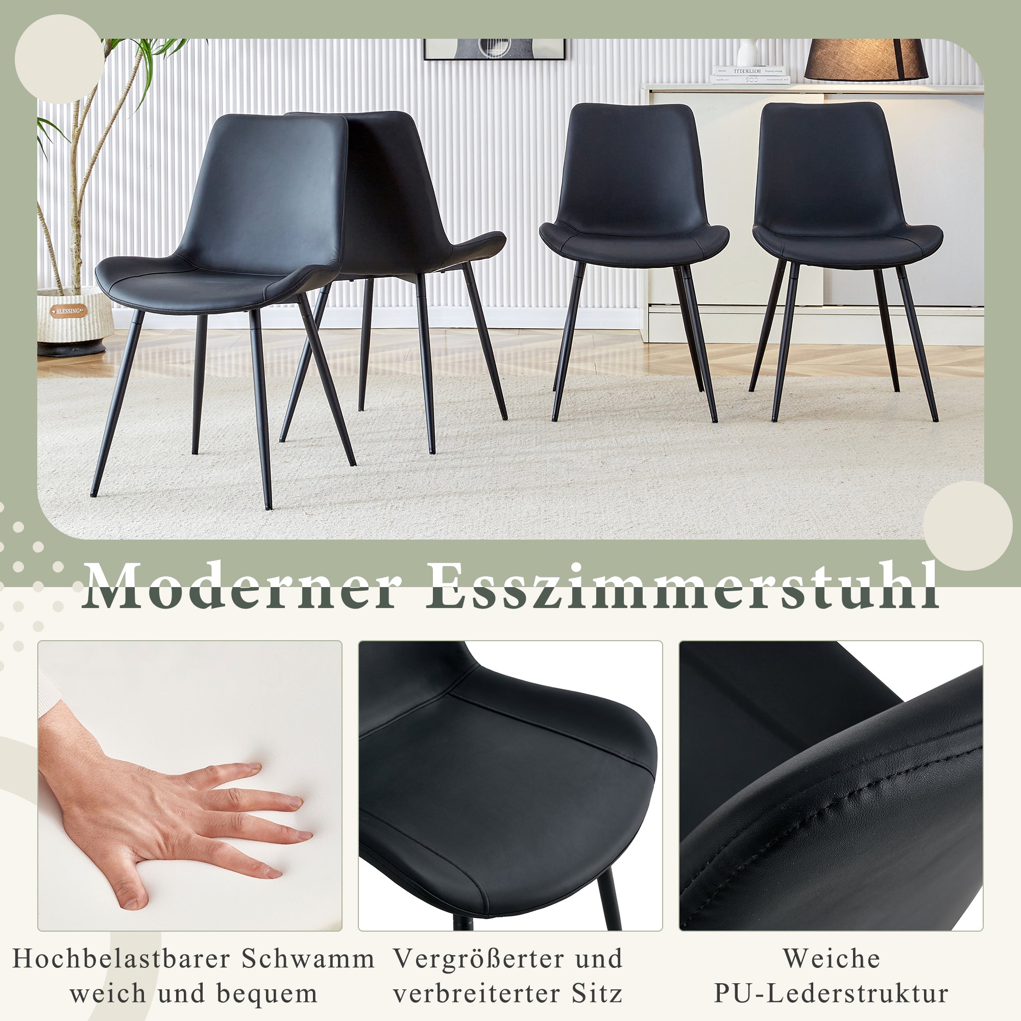 Dining Chairs Set of 4 Modern PU Leather Metal Frame - Black