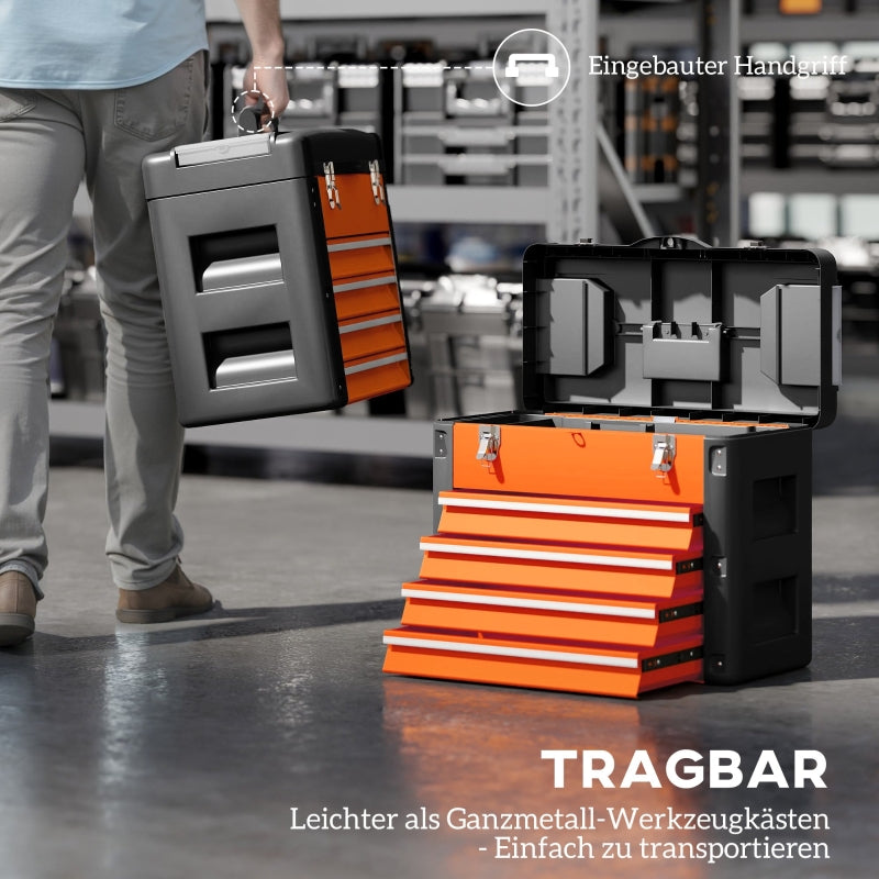 Tool box, 49.7 x 25.3 x 40.7 cm, 4 drawers, steel, orange