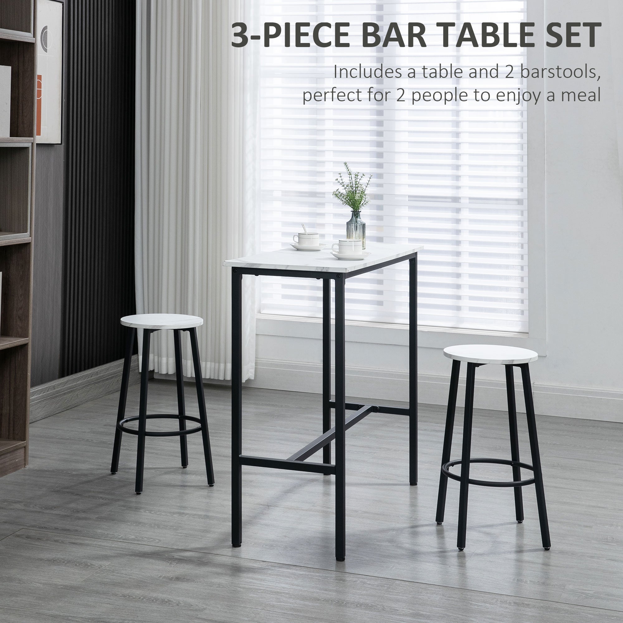 Three-Piece Bar Table Set Marble-Effect White/Black