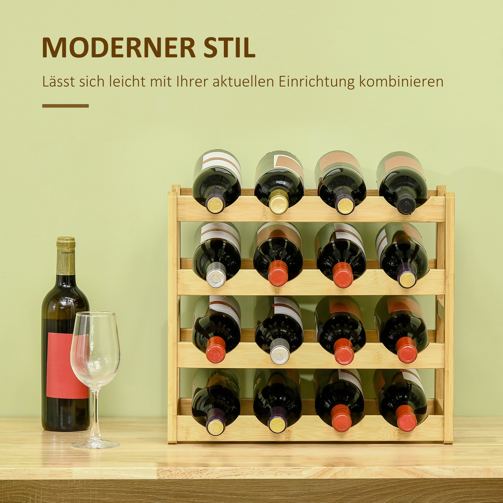 Bamboo Wine Rack, 16 Bottles, Natural Wood