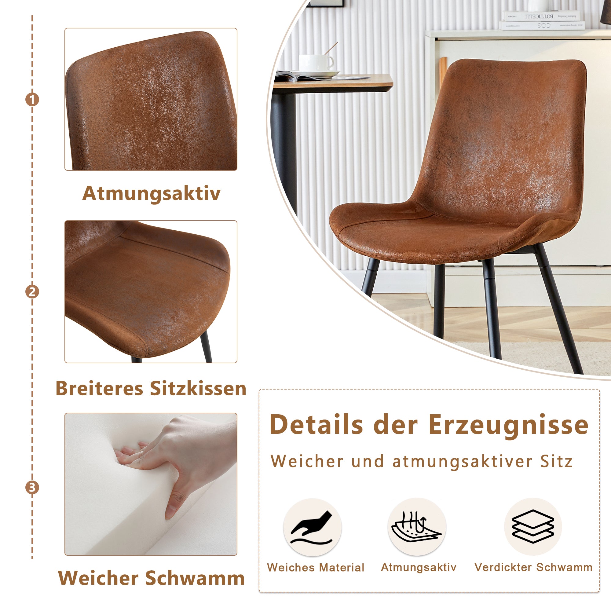 Dining Chairs, Set of 4 Modern Design with Non-Slip Metal Feet, Brown Tech-Fabric