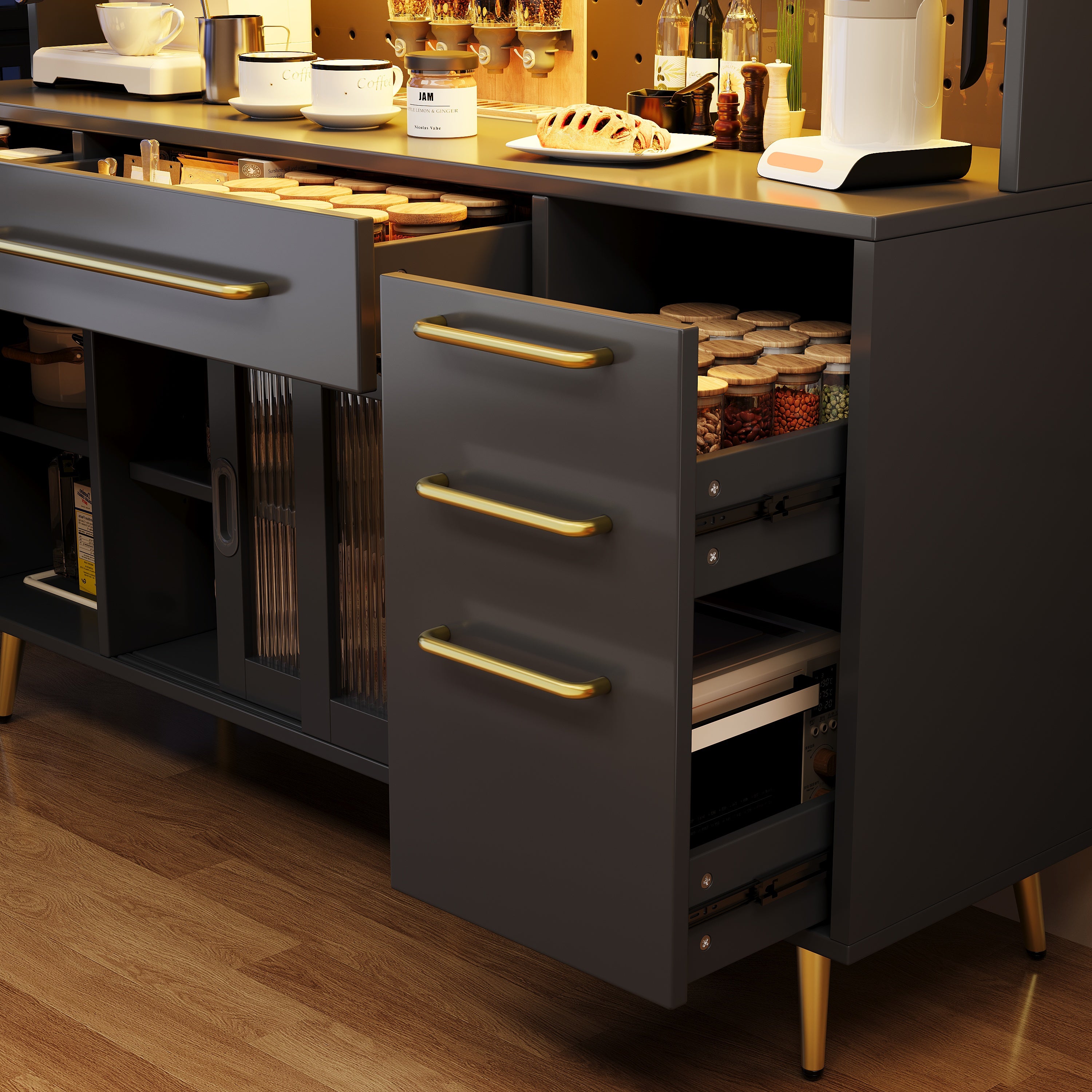 Modern Sideboard Tall Storage Cabinet with LED Lighting and Pegboard, Black