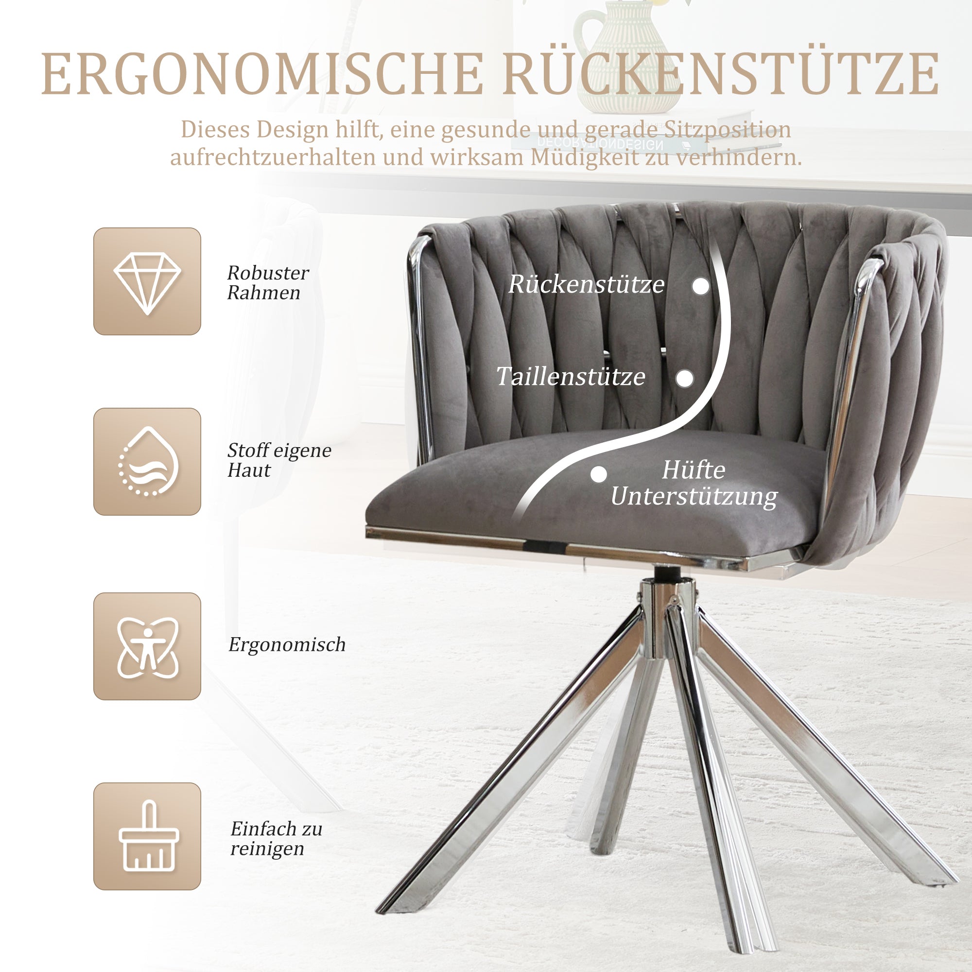 Velour Armchair, 180° Swivel, Ergonomic, Heavy-Duty Metal Frame