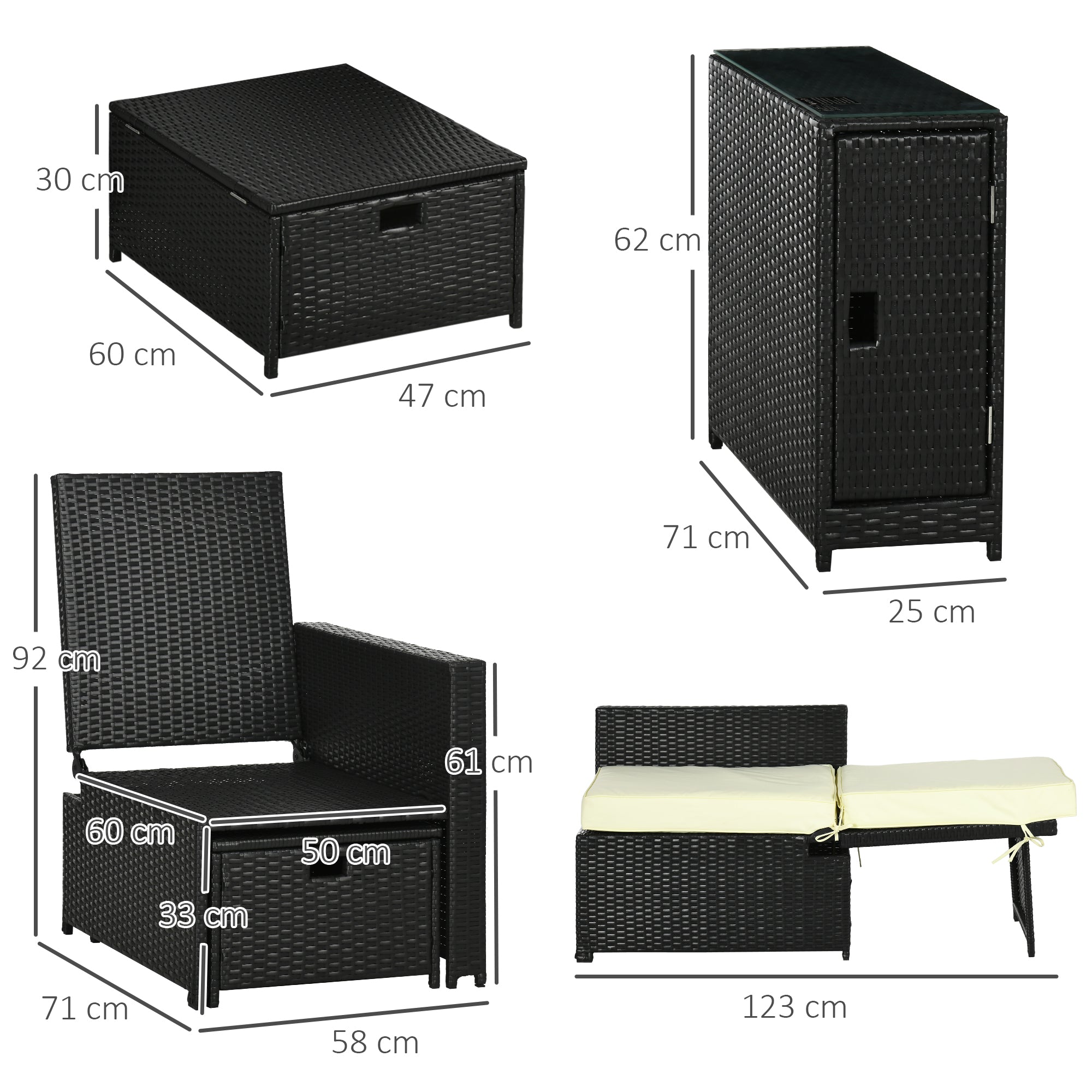 5PC Sun Lounger Set, 5-Level Adjustable Recliner with Storage and Side Table, PE Rattan Wicker Black