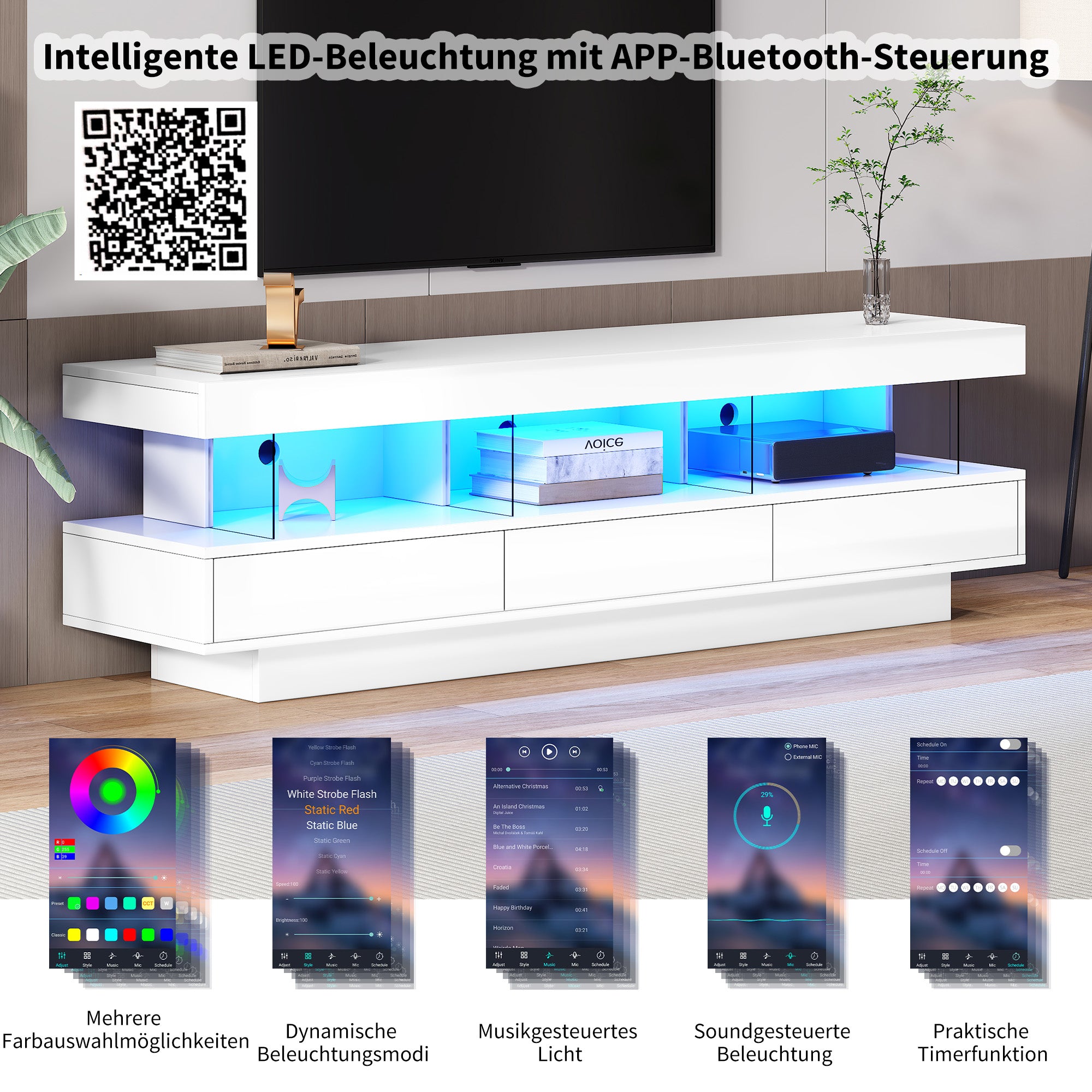 TV Cabinet, 160x38x50.5cm High-Gloss with Glass, LED, App Control, for 70-inch TVs, White