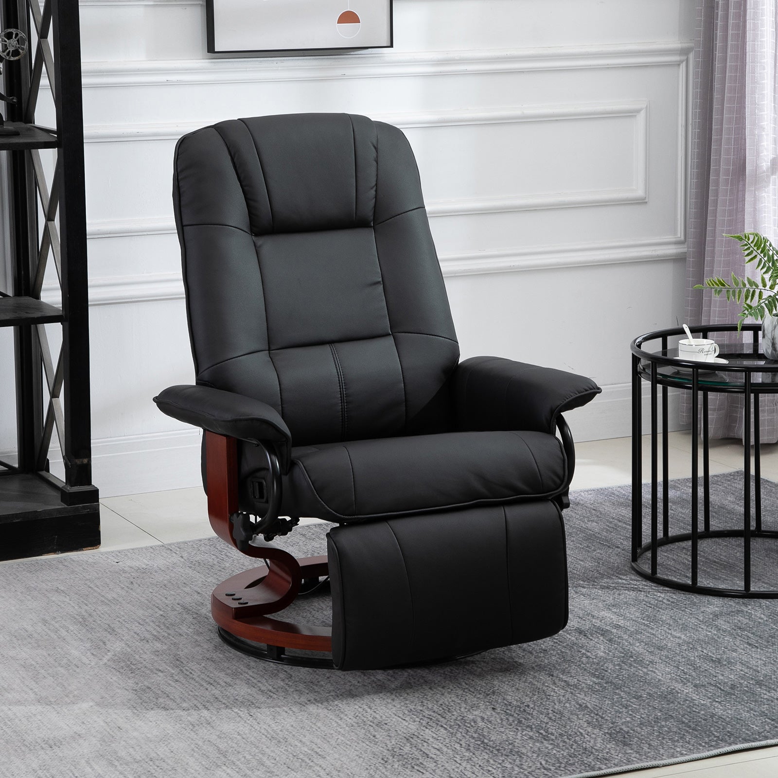 Swivel Recliner Chair with Footstool, Manual Recliner Armchair, Faux Leather, Black