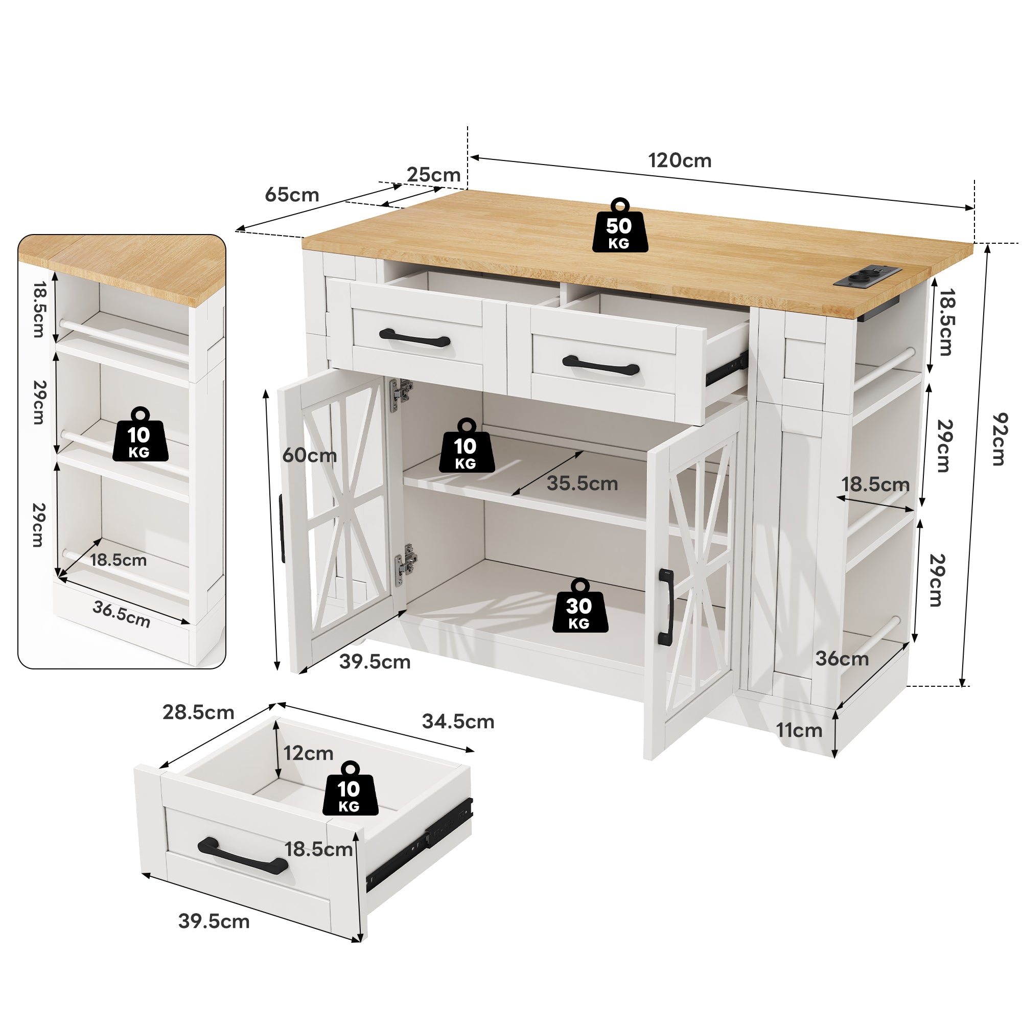 Portable Kitchen Island 120cm Folding Dining Table USB Charging Storage on Casters