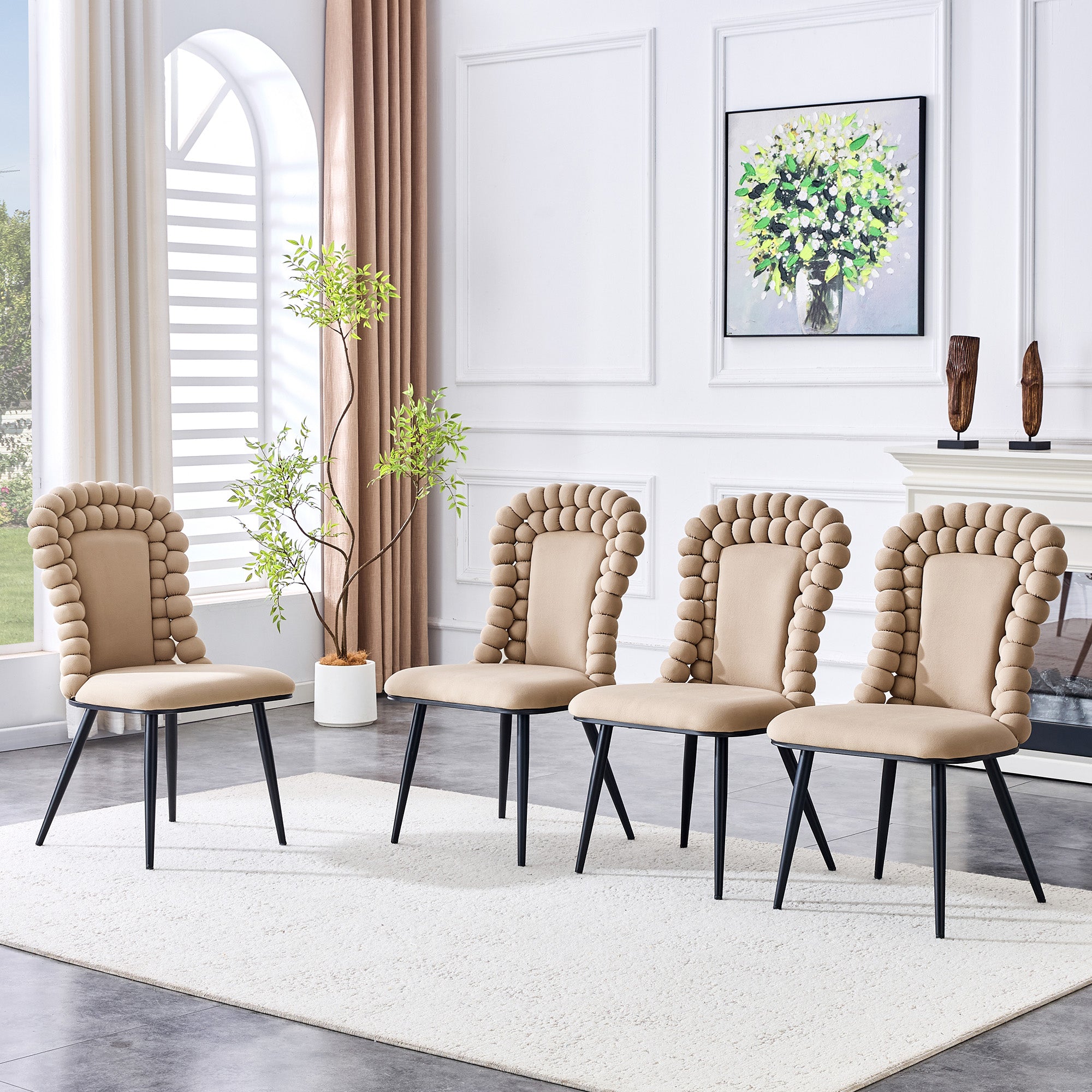 Dining Chairs (Set of 2), Ball Chain Backrest, Black Metal Legs, Camel Velvet