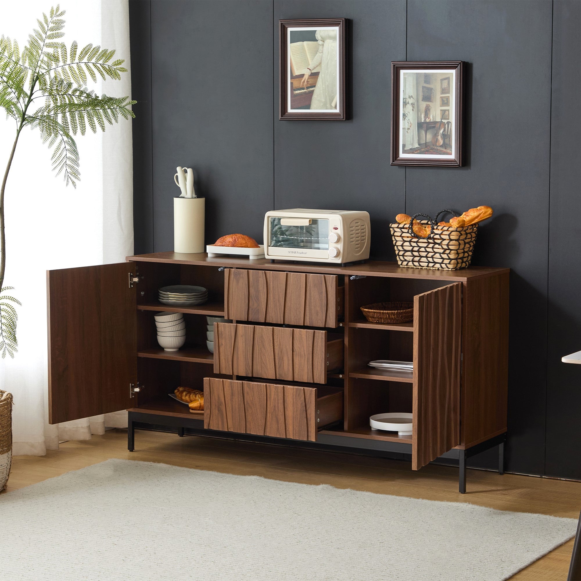 Sideboard 150cm with 3 Drawers and One-Piece Cutout, Dark Grained Oak