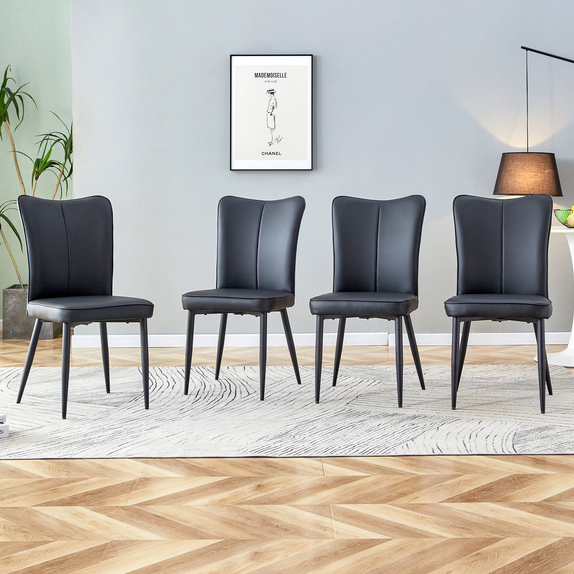Modern Minimalist Dining Chair with PU Leather Cushion and Black Metal Legs