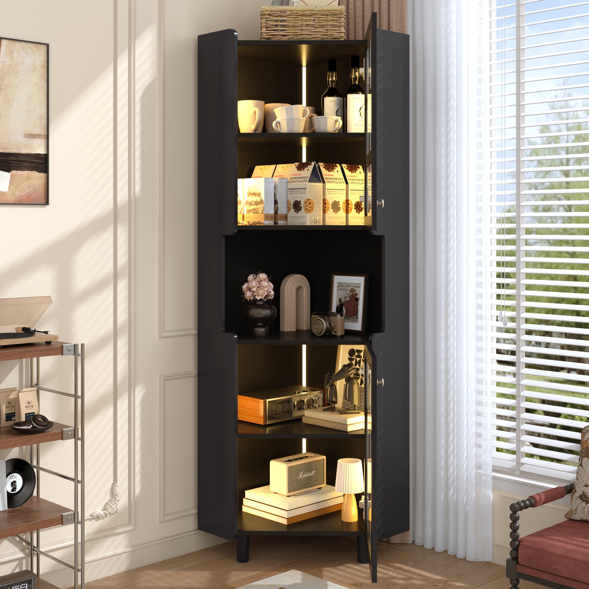 Corner Cabinet with LED Lighting, Multifunctional Storage Chest, Black Lacquer Finish