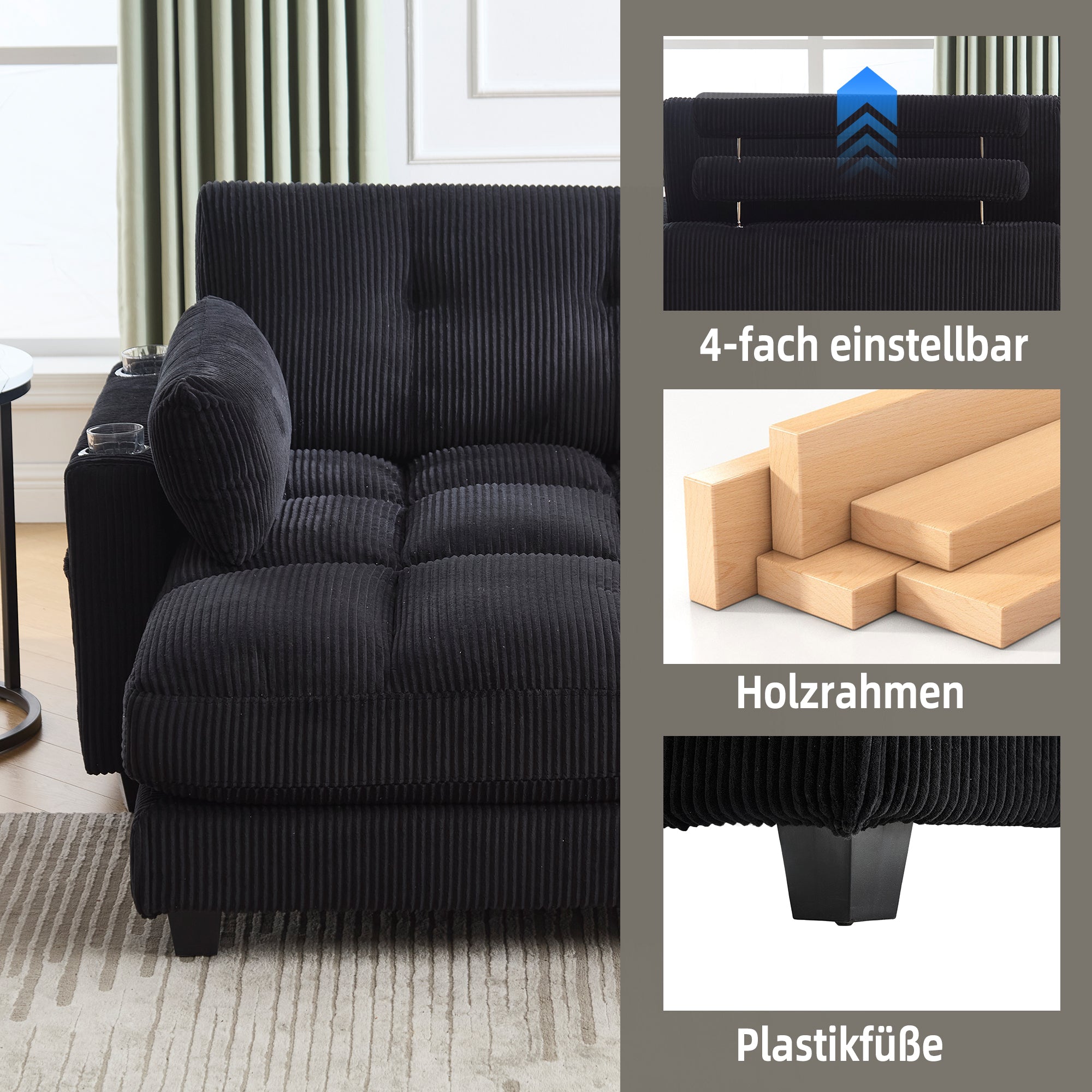 Palm Chair, Fluffy Striped Upholstery with Rolling Handrails, Black