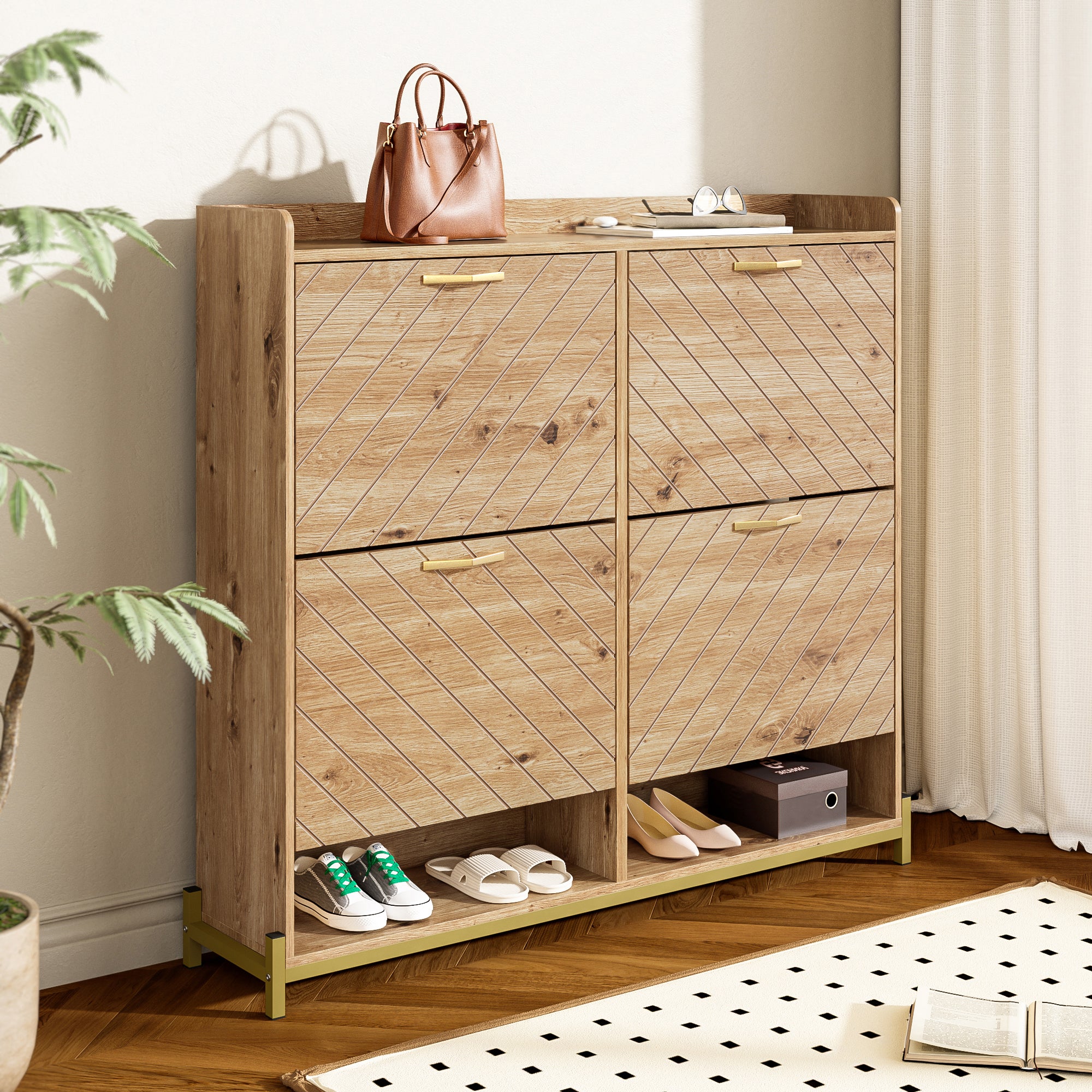 Modern Shoe Rack 4-Door Space-Saving Cabinet Wood Look