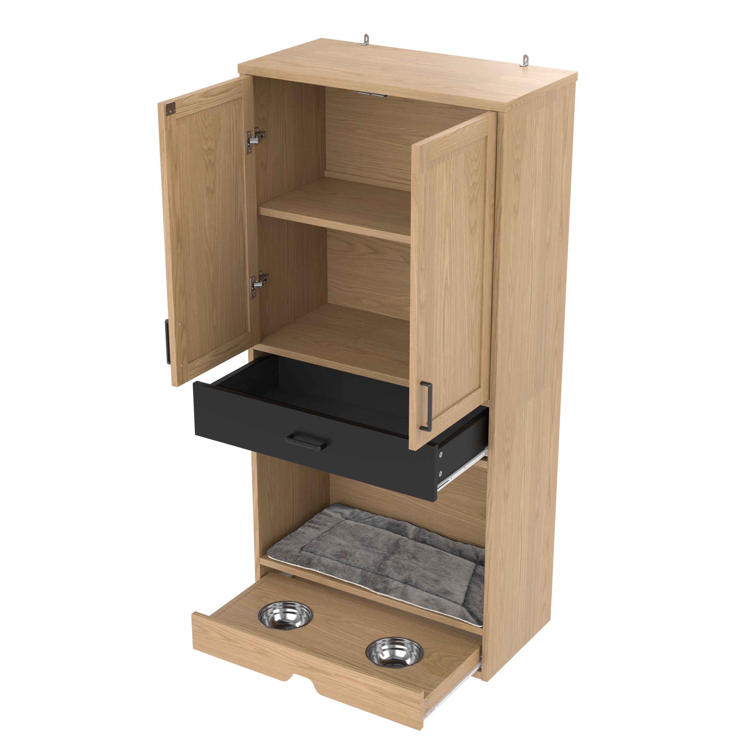 Pet Cabinet, Multifunctional with Feeding Station, Dog Bed, Storage, Hooks, Oak Look