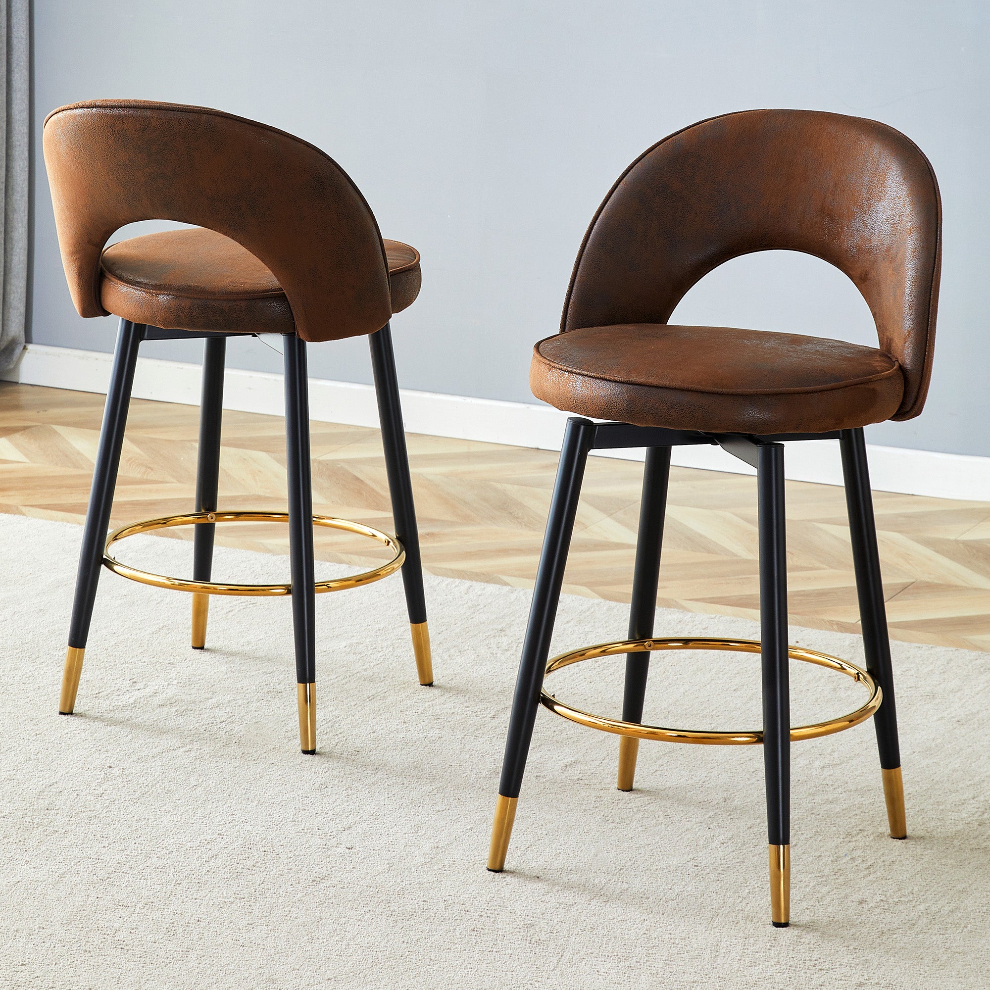 Bar Stool, 360° Swivel Padded Set of 2, Brown Technical Fabric