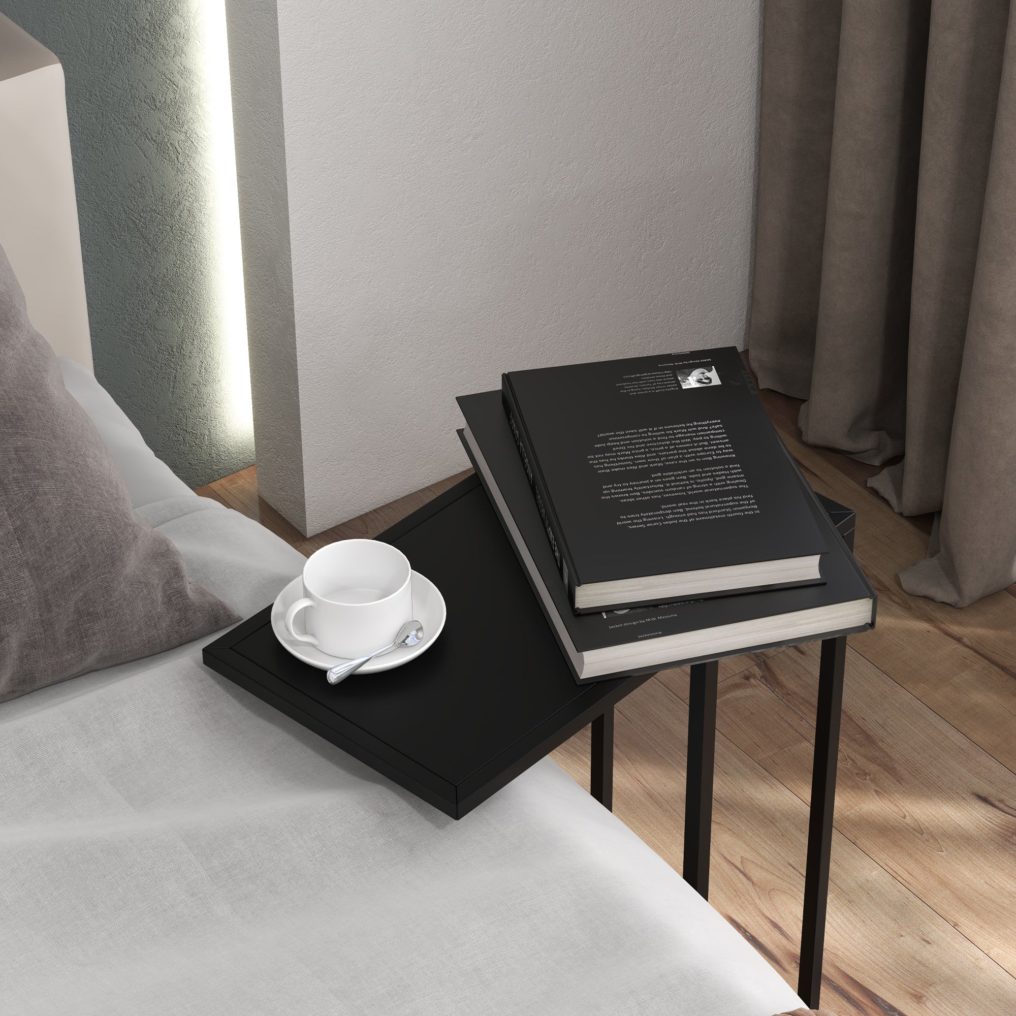 Side Table C-Shaped Laptop Bedside with Steel Frame, Black