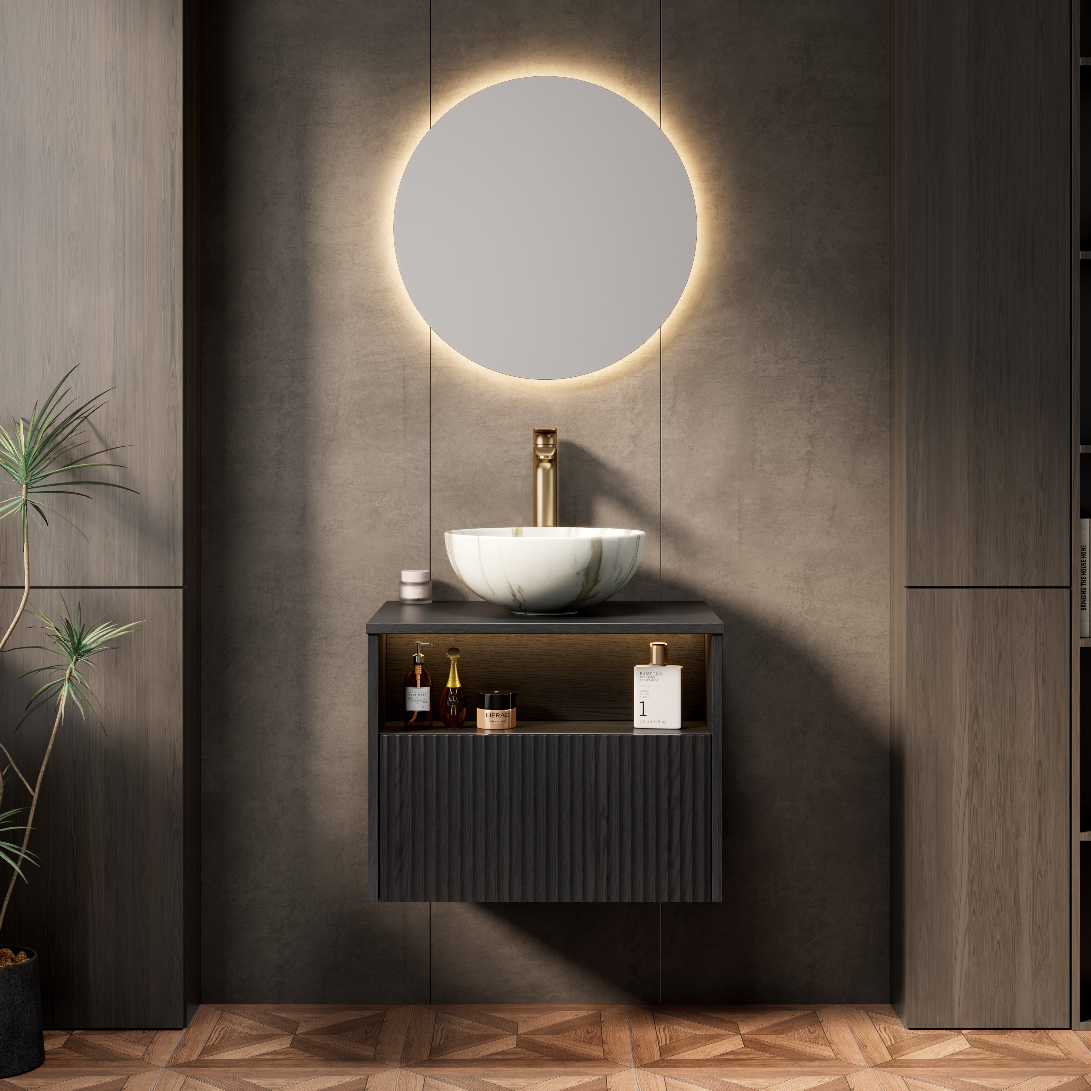 Floating Bathroom Vanity with Ceramic Basin and Sensor Light, Black Plywood
