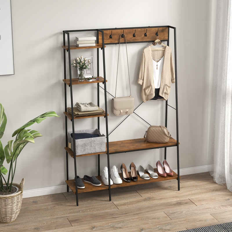 Clothes Rail Metal Rack with Shoe Rack, 5 Tier Shelves, 5 Hooks, Rustic Brown and Black Metal
