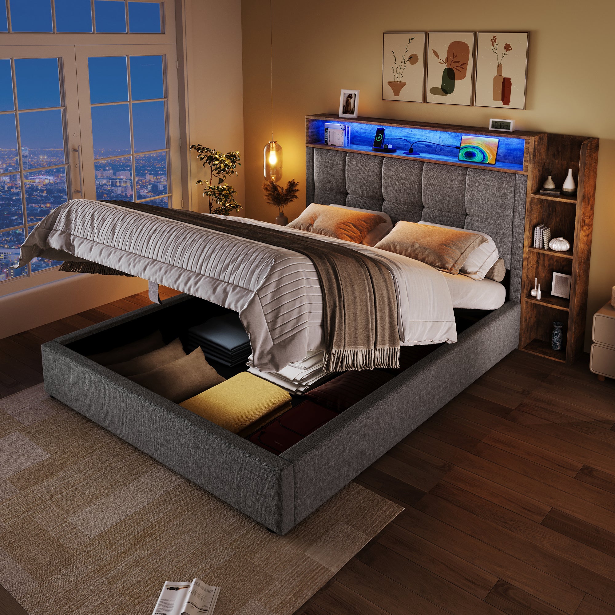 Upholstered Bed 90x200cm Storage LED USB/Type-C App Control - Linen Grey