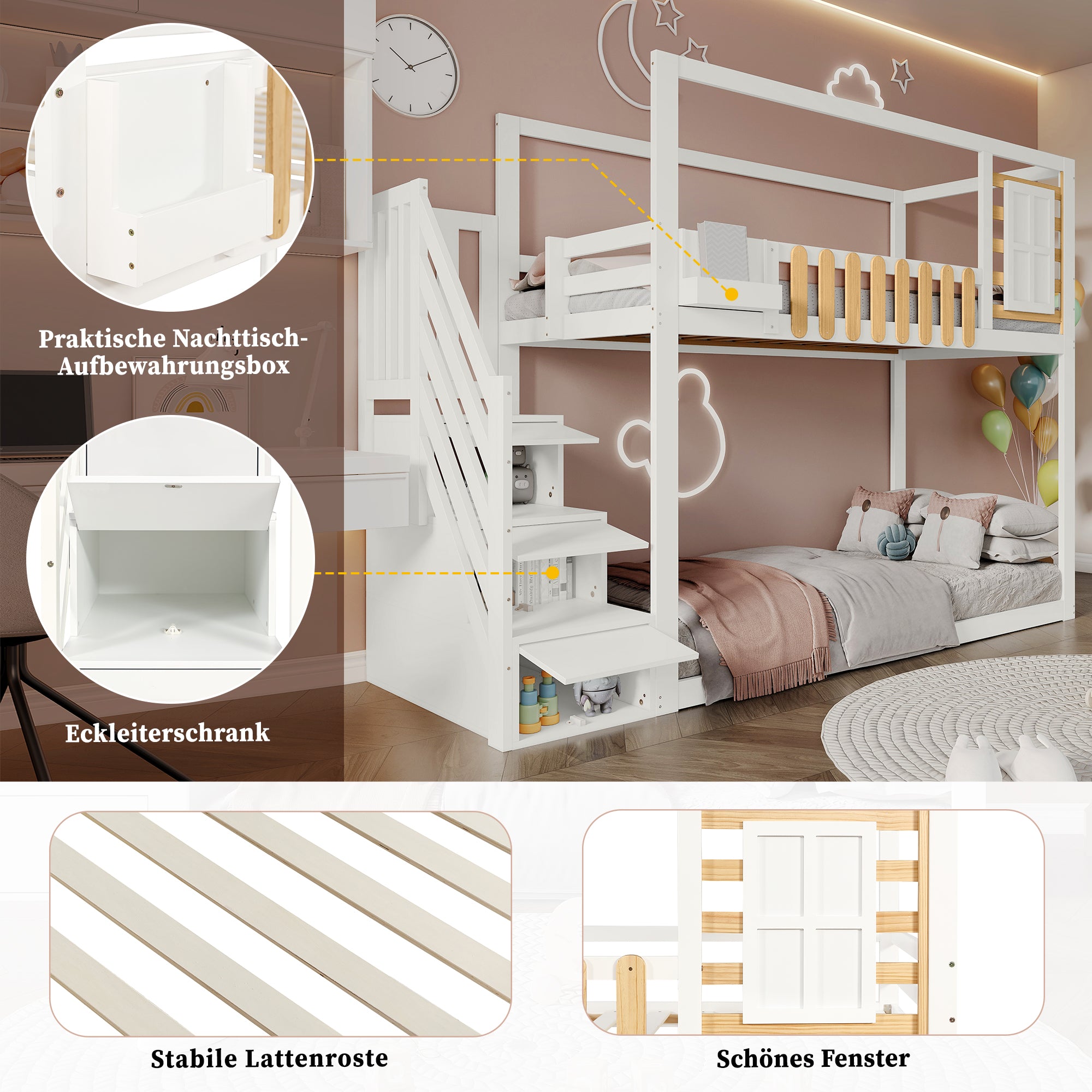 Bunk Bed with Stairs, Window & Shelf, Pine, White 90x200cm