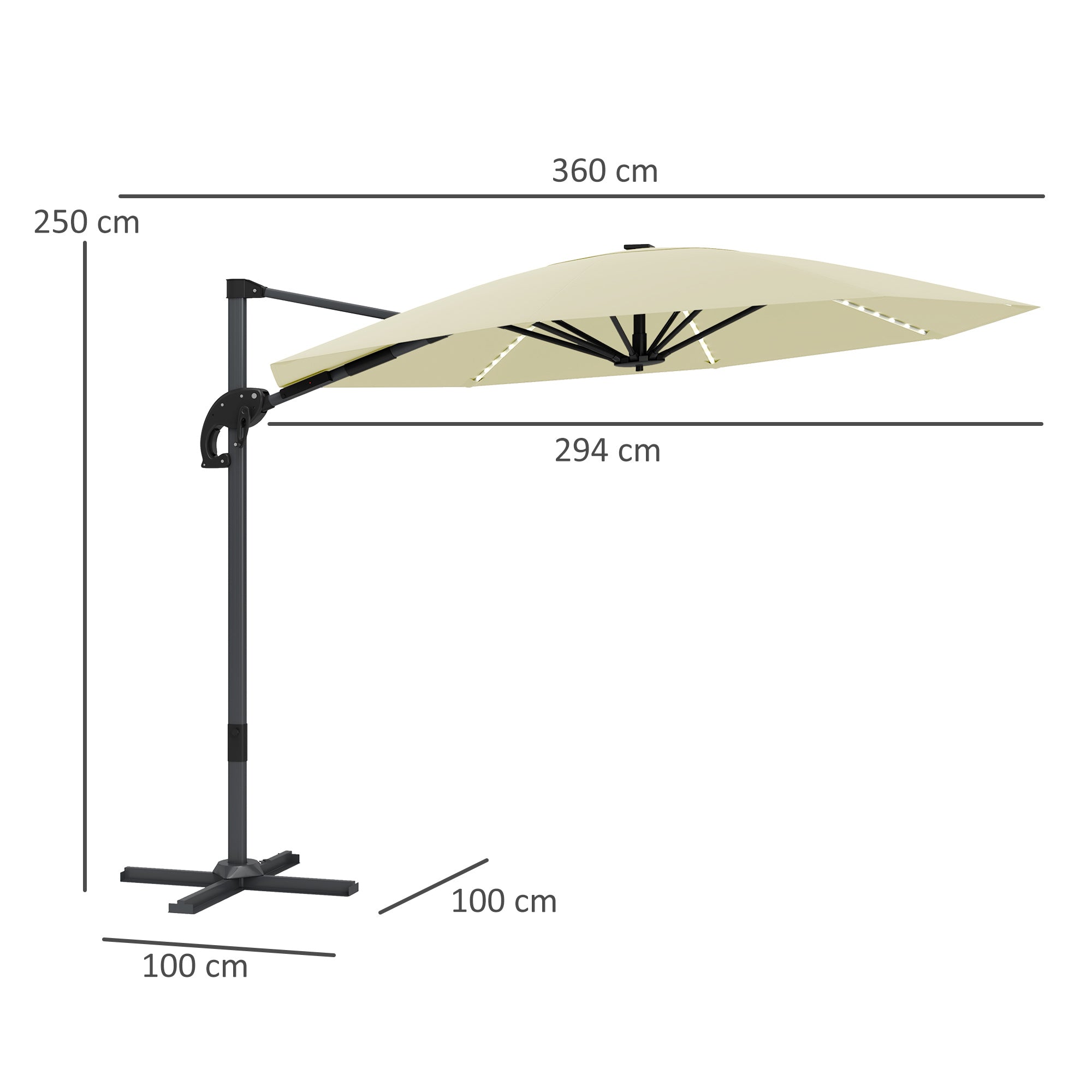 Cantilever Garden Parasol with Solar Lights, 360° Rotation, Cream