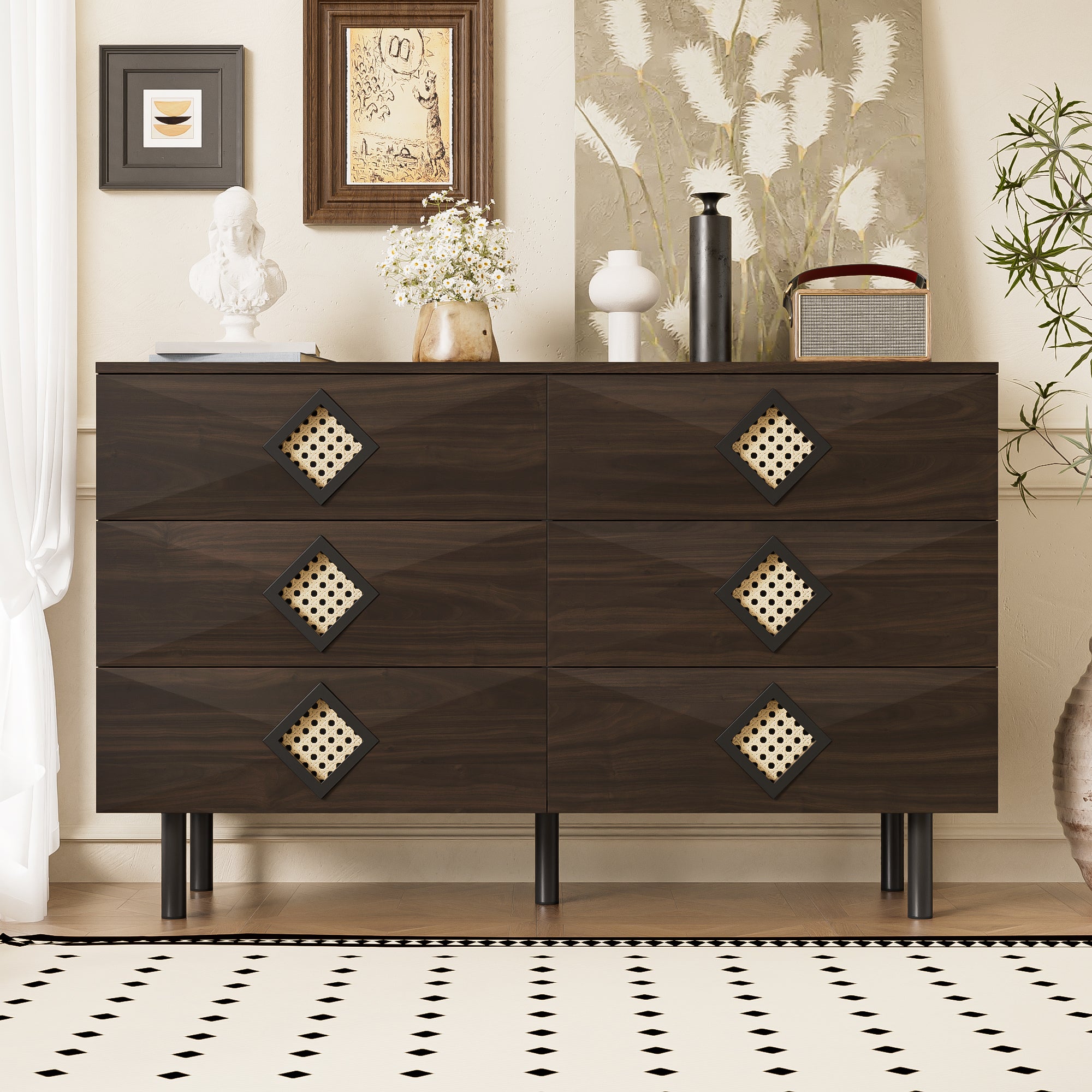 Dressing Table, 6-Drawer with Rattan Handle, Elegant for Bedroom & Living Room