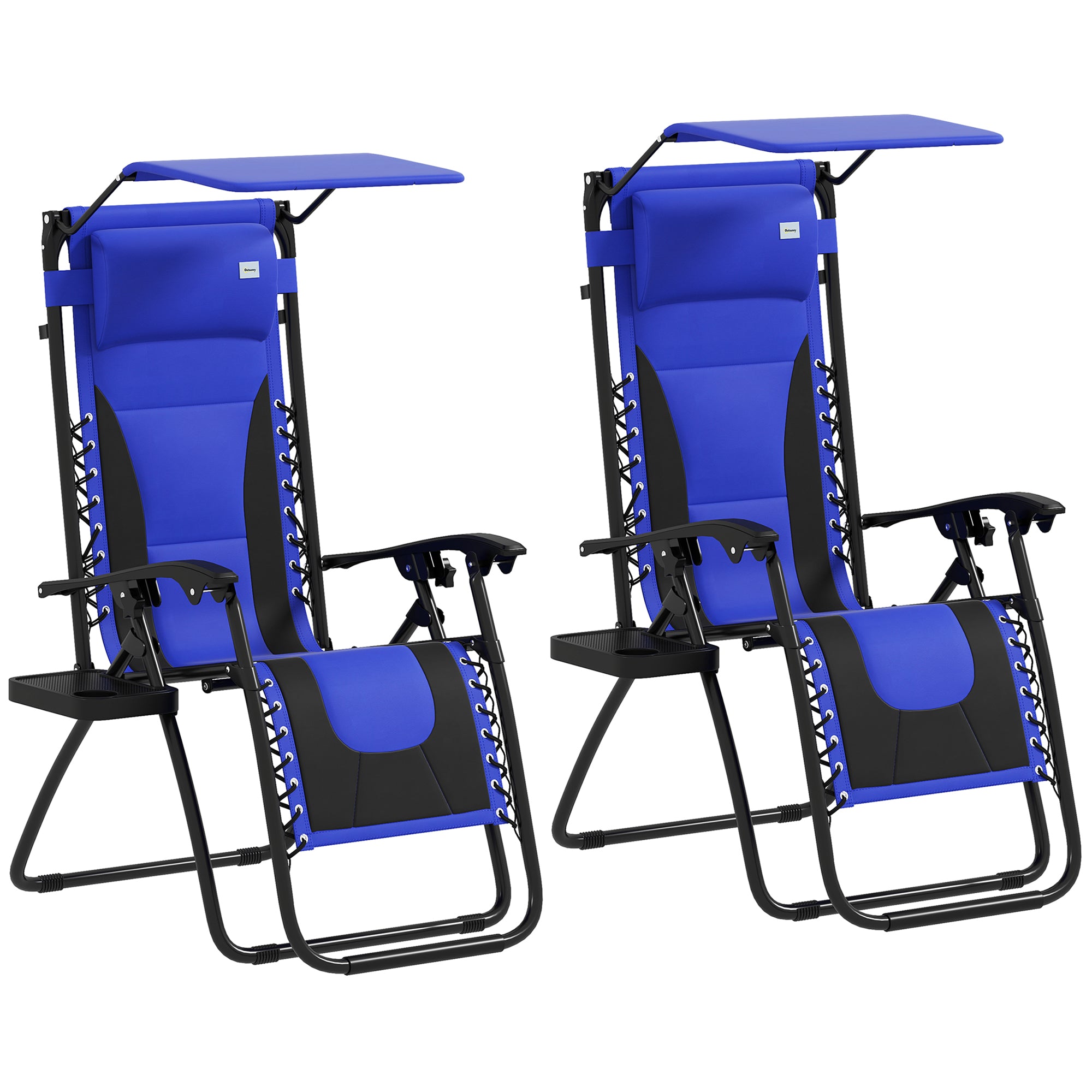 Zero Gravity Lounger Chair Set of 2, Folding Reclining with Shade, Cup Holder, Blue