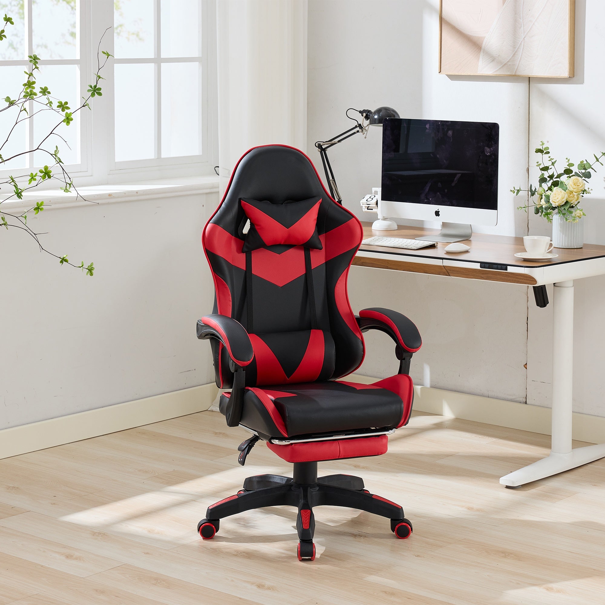 360° Swivel Gaming Chair Ergonomic Racing Design High-Back Height-Adjustable with Footrest and Lumbar Support – Black & Red Leather