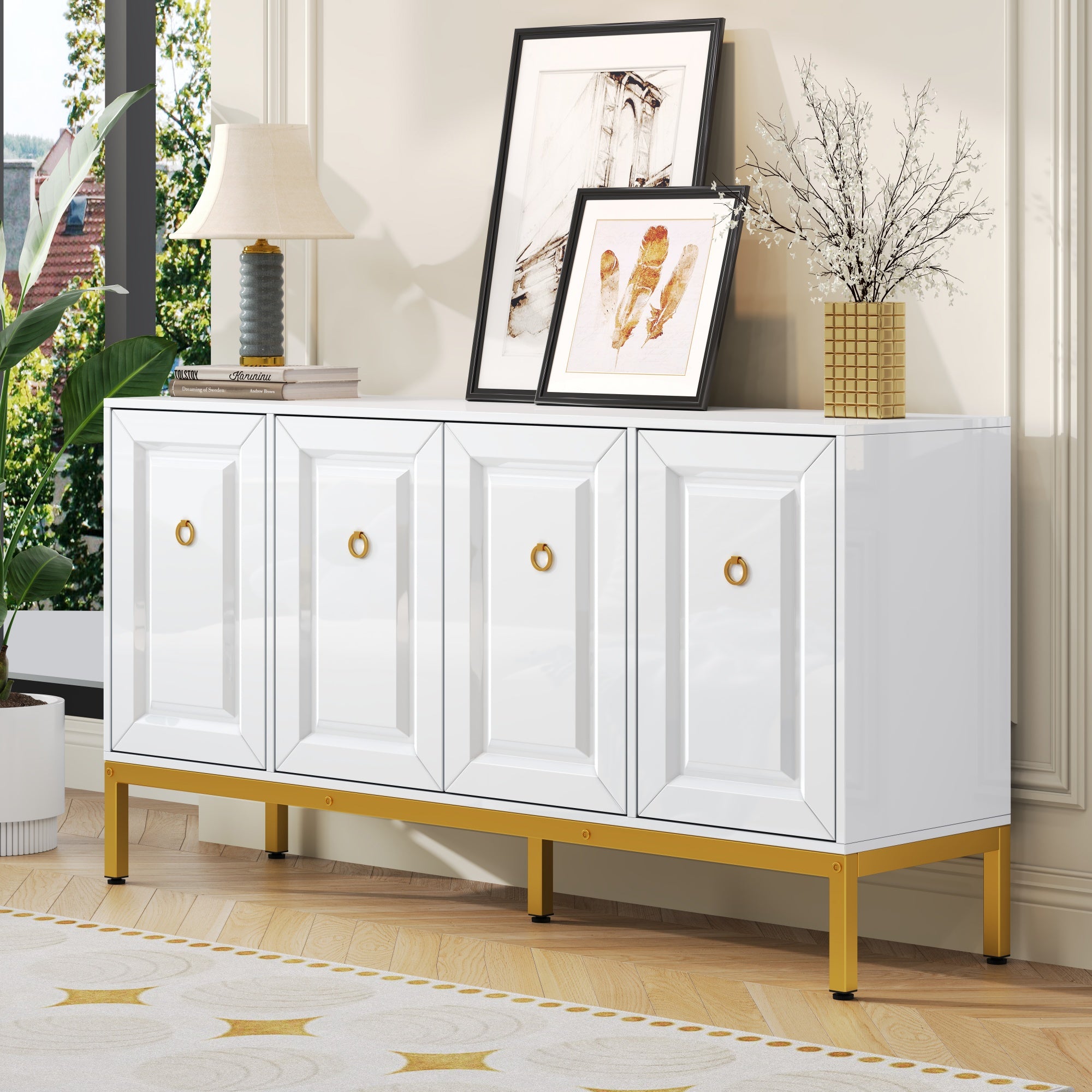 Sideboard, High-Gloss Storage Unit with Shelves, Gold Handles and Legs, White