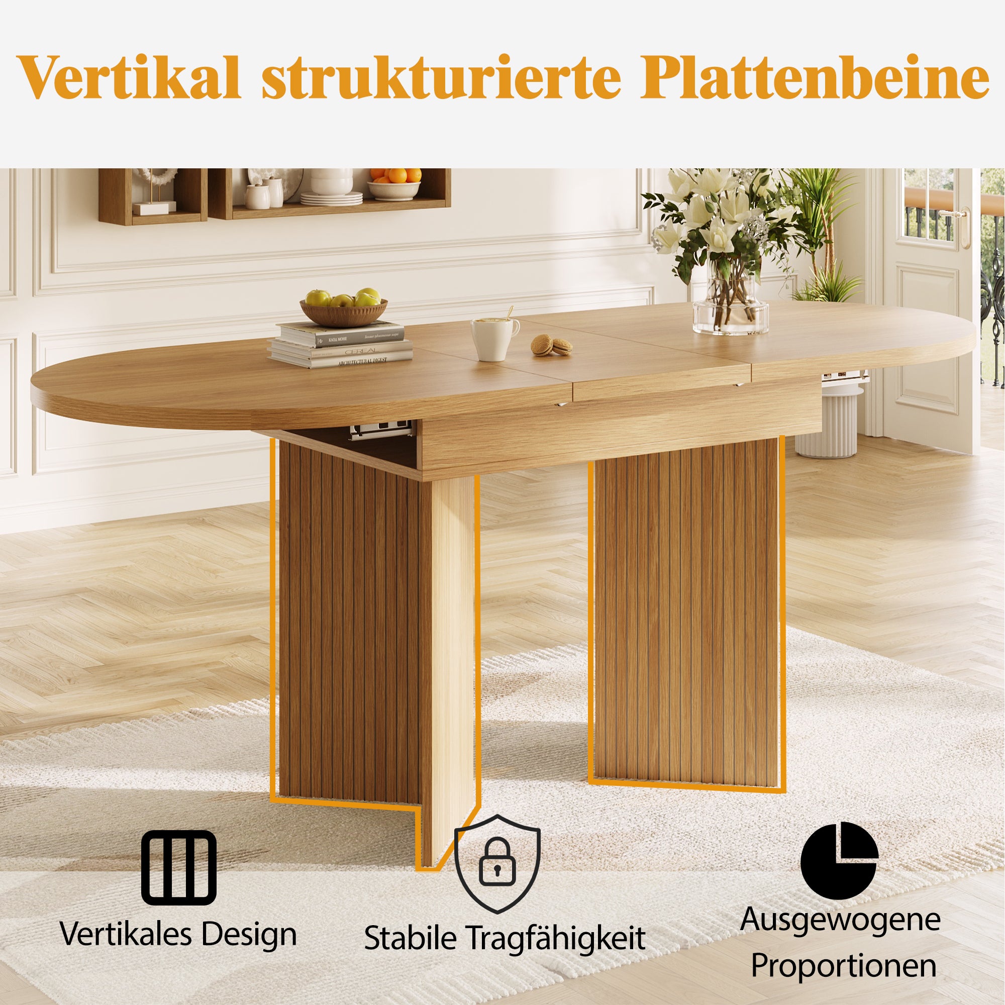 Extendable Dining Table with Internal Extension Leaves, 120-160 x 80 cm, Natural Wood