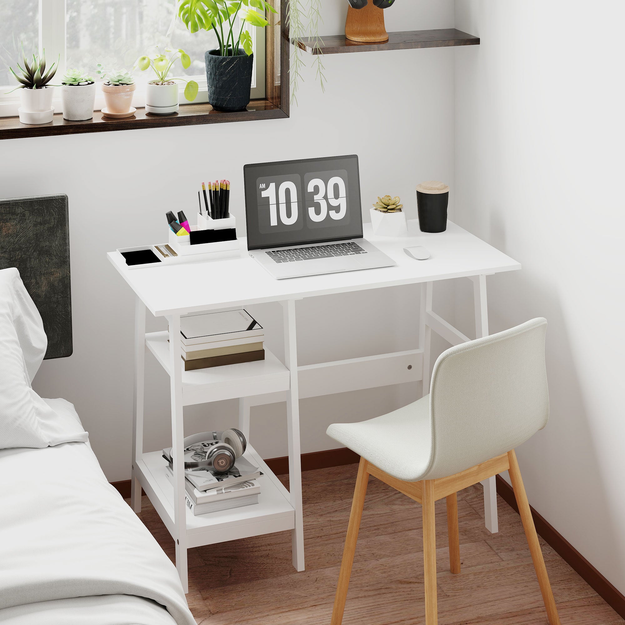 Compact Computer Desk with Storage Shelves and Bookshelf, 106 x 51cm, White