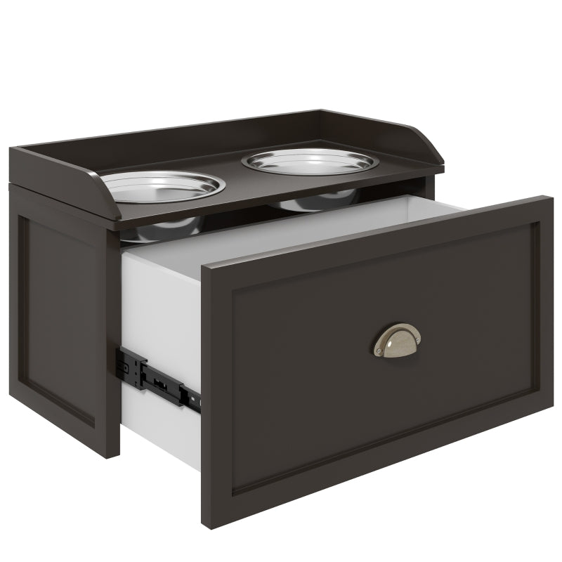 Raised Dog Bowls, Stainless Steel with 21L Storage Drawer for Large Dogs - Brown