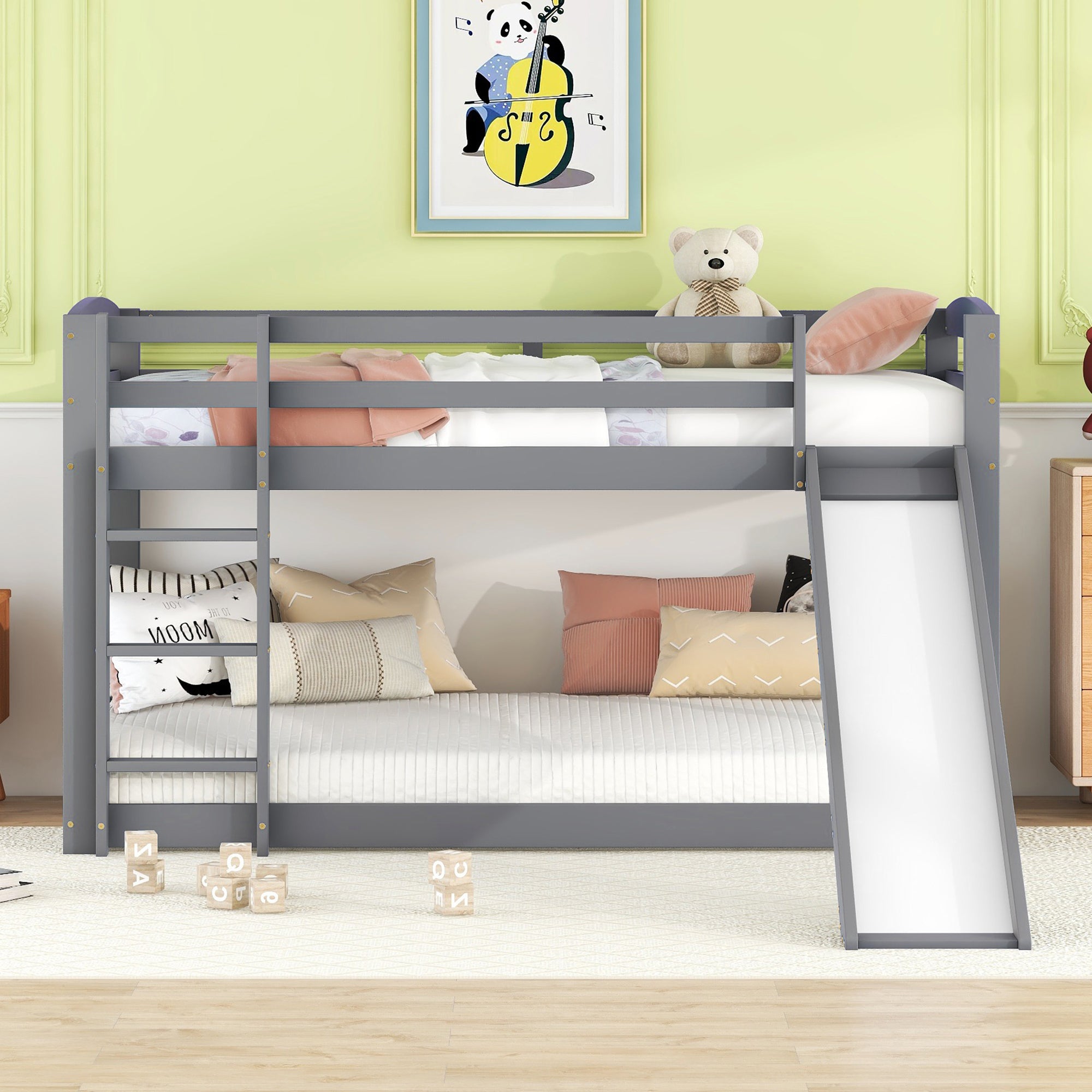 Bunk Bed 90x200cm with Slide Solid Wood Frame - Grey