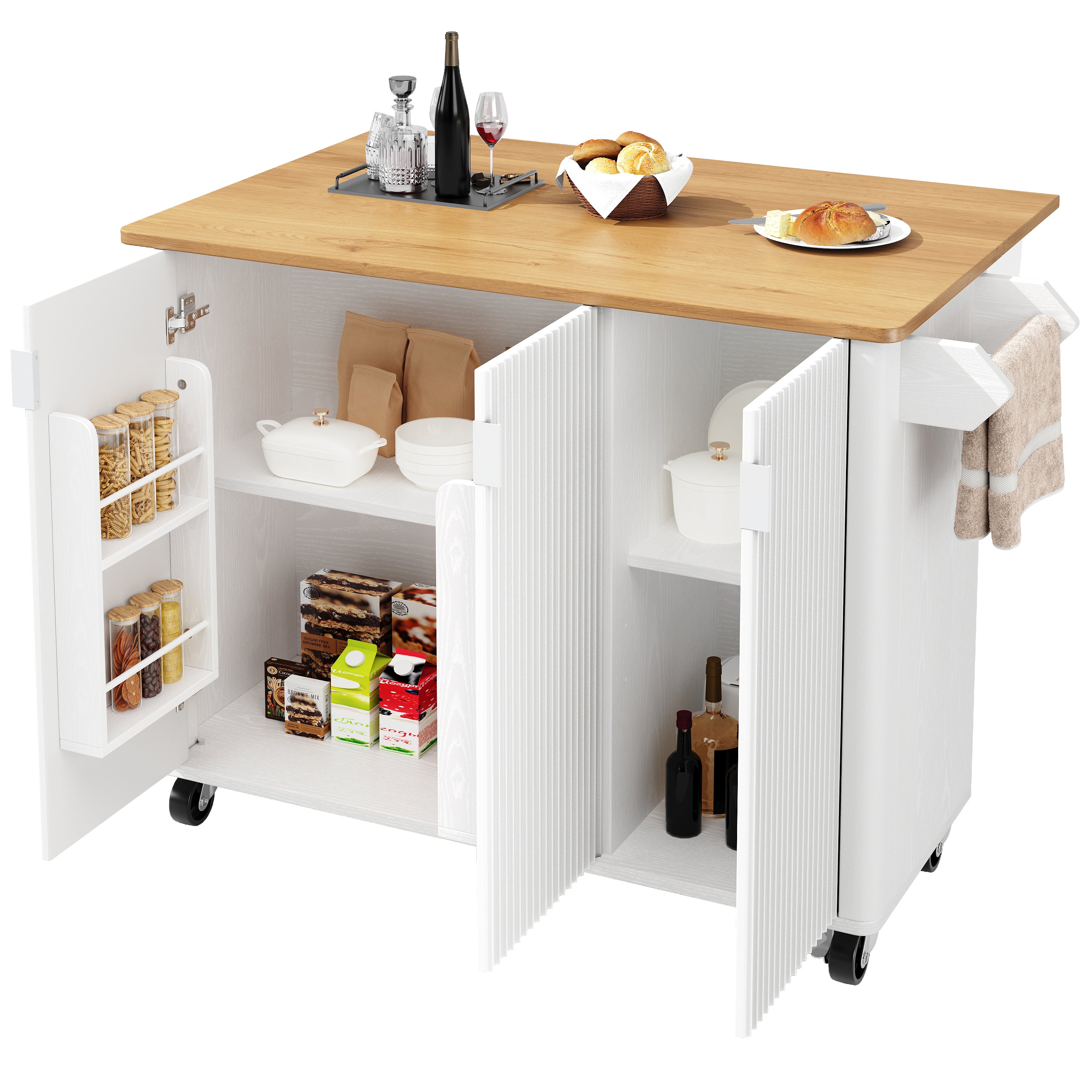 Kitchen Island Trolley Extendable on Wheels Buffet Storage Adjustable Dividers 3 Doors White/Black