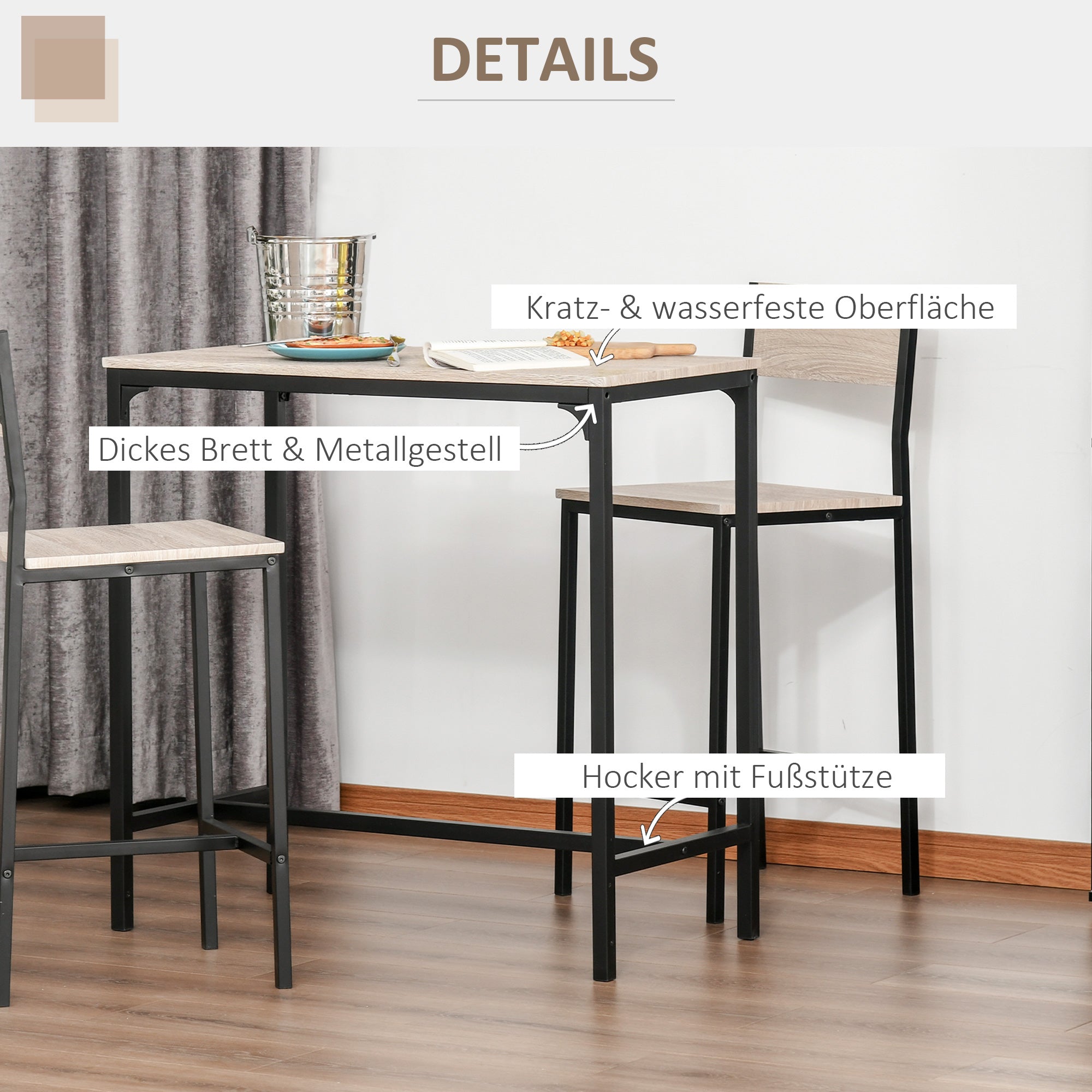 Bar Table with 2 Chairs, 3-Piece Set, MDF, Natural and Black