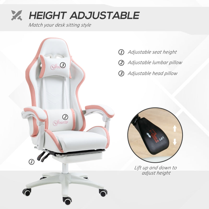 Computer Gaming Chair with Footrest, 135° Reclining Back, Lumbar Support, White and Pink PU Leather