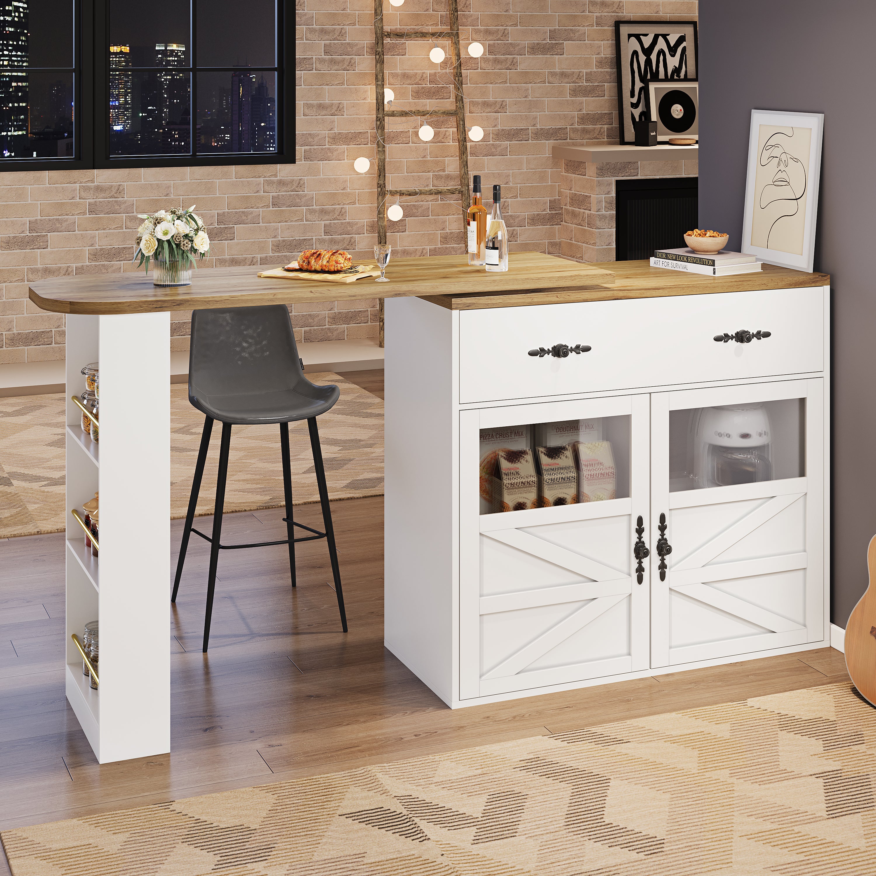 Extendable Bar Table 360° Rotating Storage Shelves - White