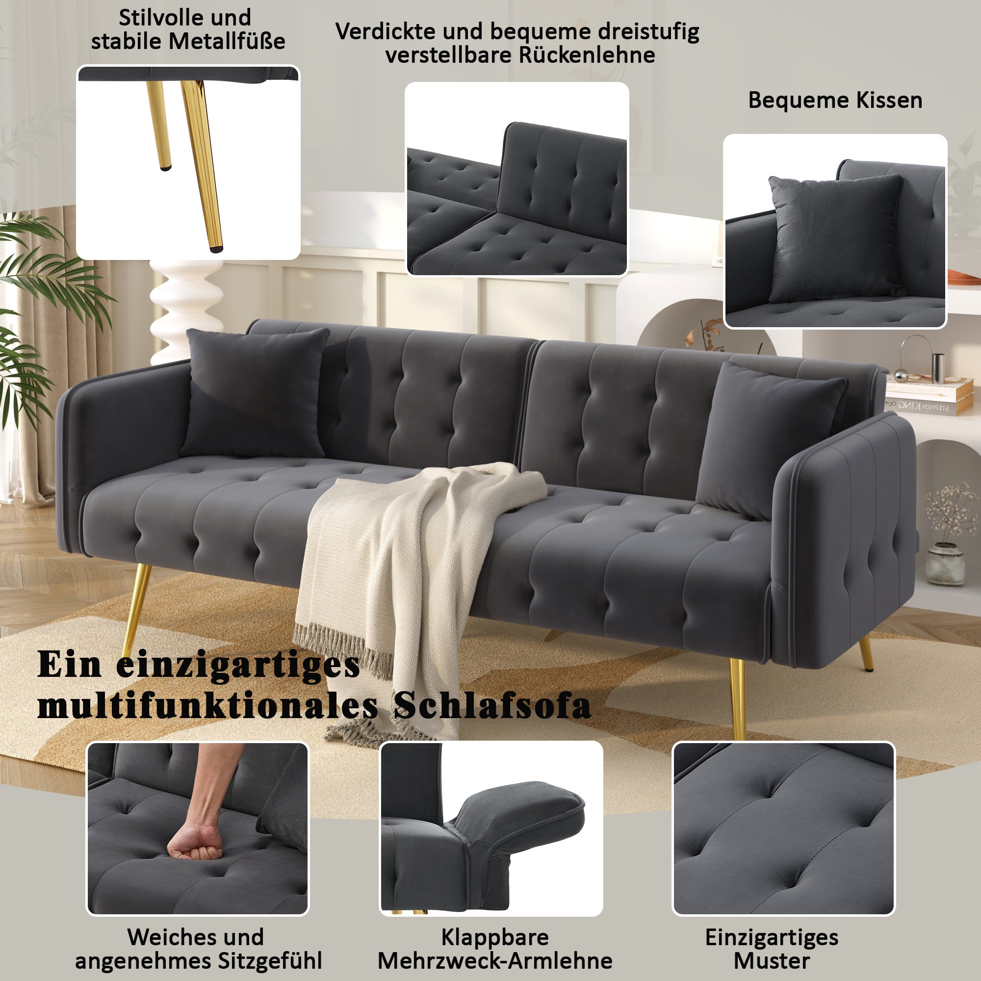 Sofa Bed, Two-Seater Multifunctional with Adjustable Backrest & Armrests, Velour
